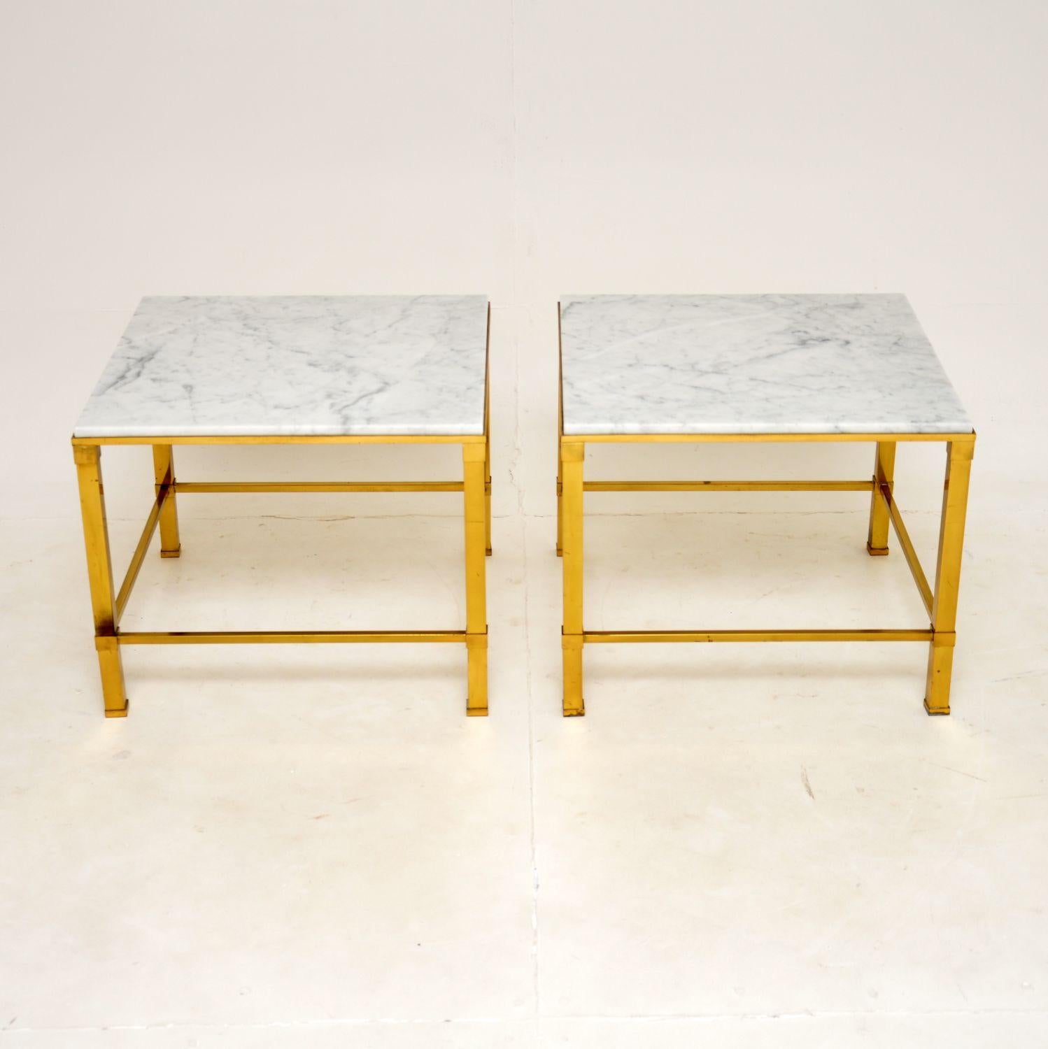 A very stylish and extremely well made pair of brass and marble side tables. They were made in Italy, and date from around the 1970’s.

The quality is superb, they are a great size and useful as end tables in a living room or even as bedside