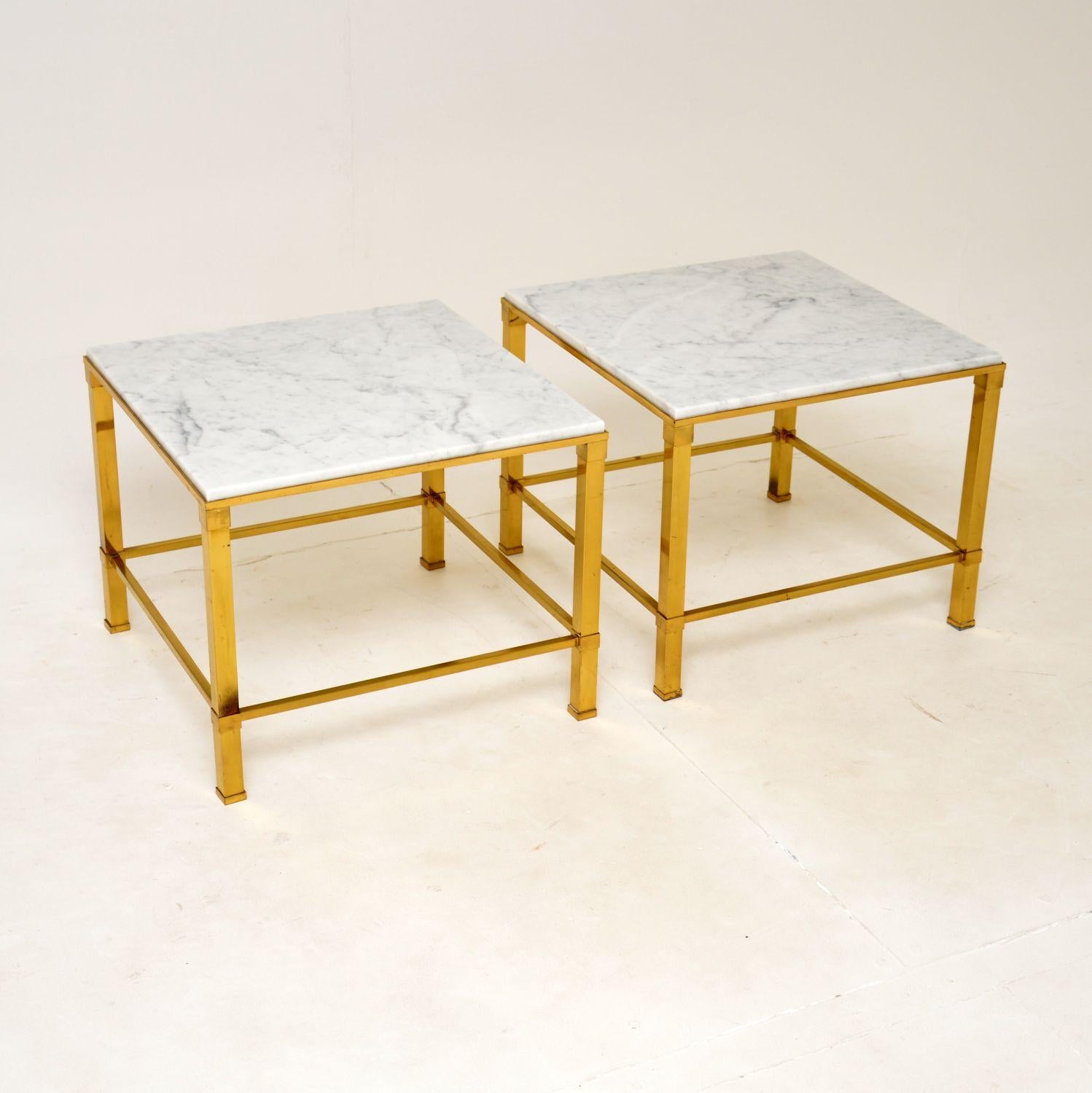 Mid-Century Modern 1970's Pair of Vintage Marble & Brass Side Tables For Sale