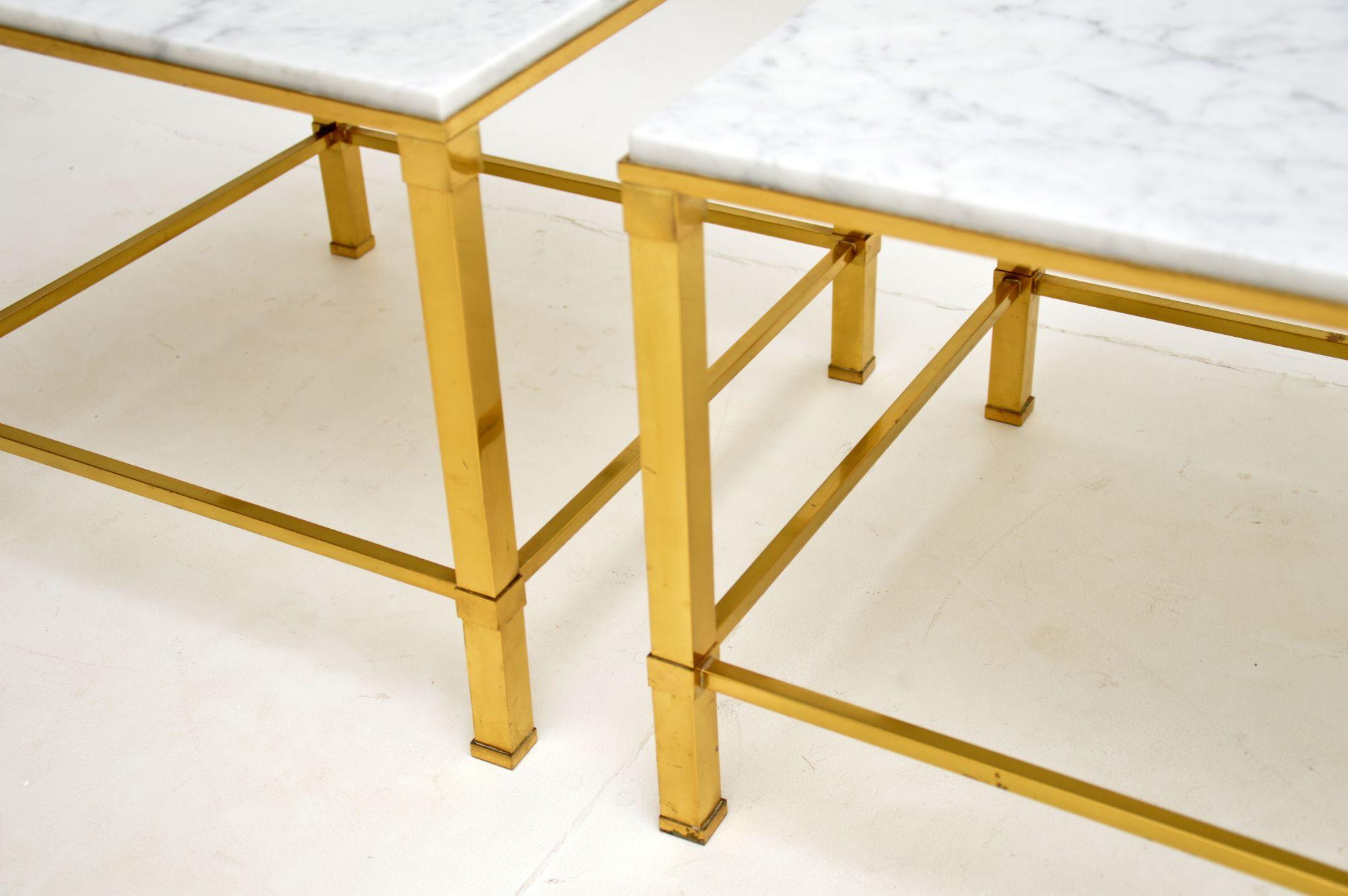 Late 20th Century 1970's Pair of Vintage Marble & Brass Side Tables For Sale