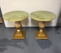 1970s Pair of Vintage Onyx Top Gilt Artichoke Pedestal Side Tables Mid Century
