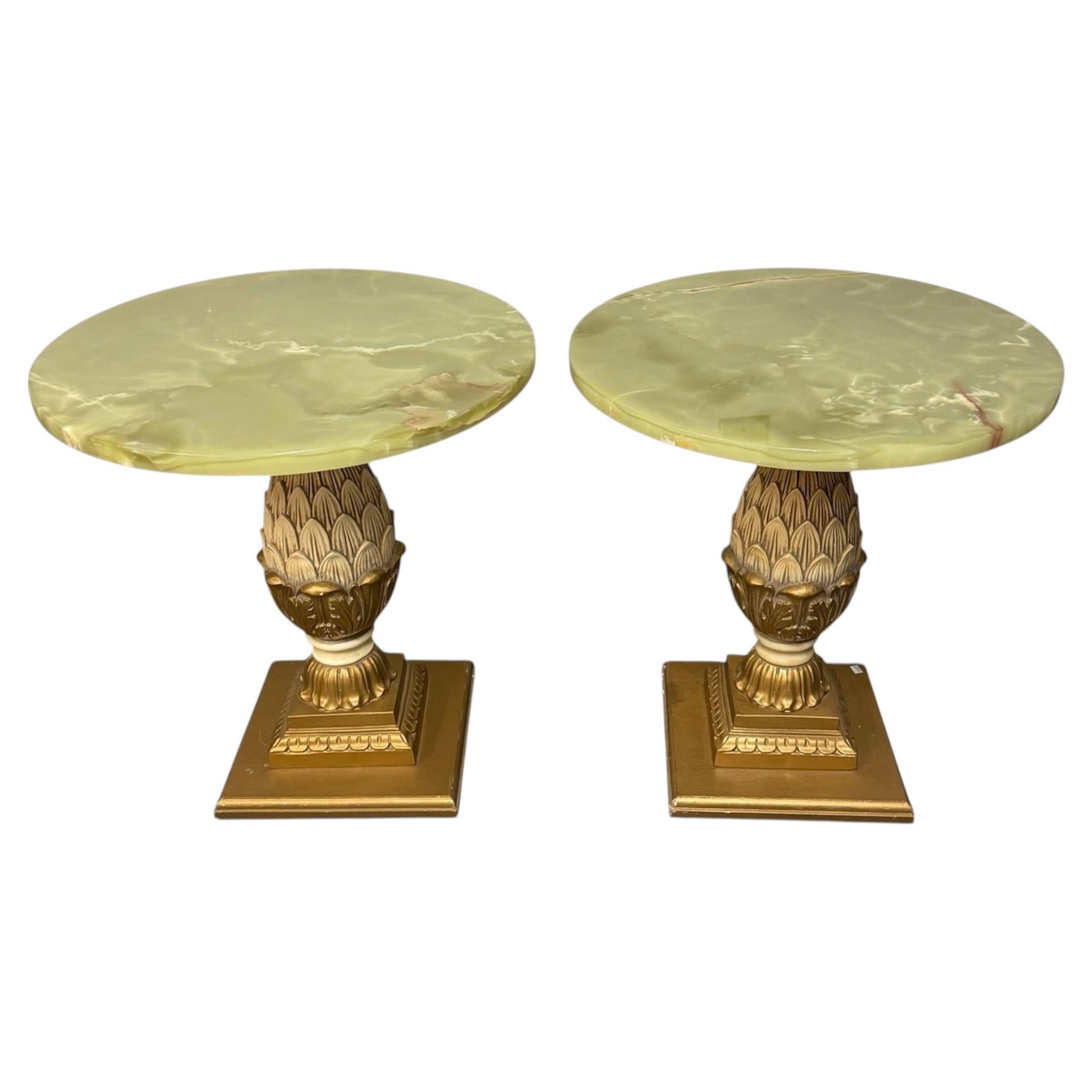 1970s Pair of Vintage Onyx Top Gilt Artichoke Pedestal Side Tables Mid Century