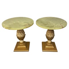 1970s Pair of Vintage Onyx Top Gilt Artichoke Pedestal Side Tables Mid Century