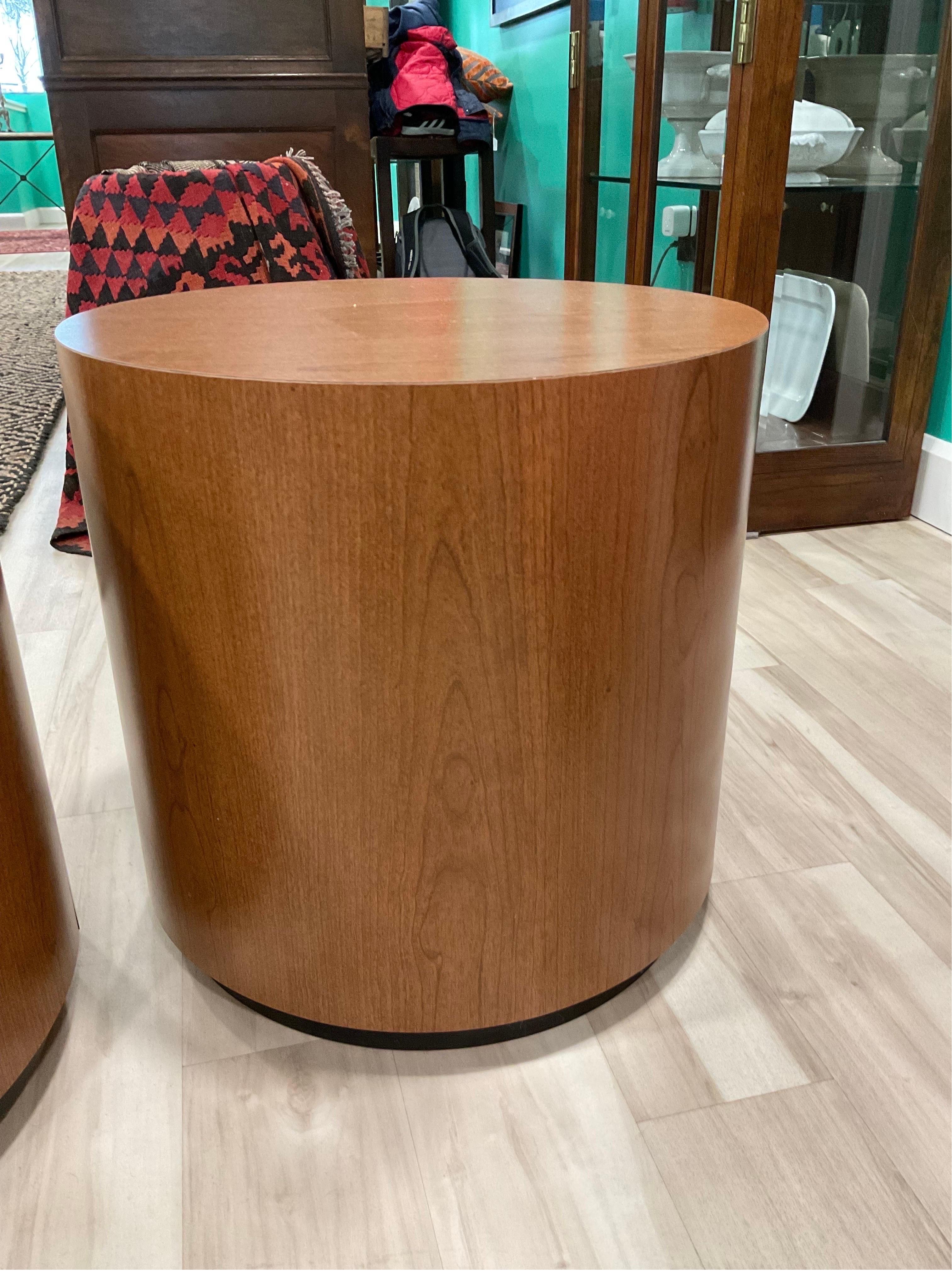 1970s Pair of Vintage Round Laminate Side Tables with Plinth Bases In Good Condition In Hartville, OH