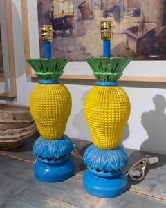 1970s Pair of Vintage Wooden Lamps with a Tropical Design in Vibrant Colors
