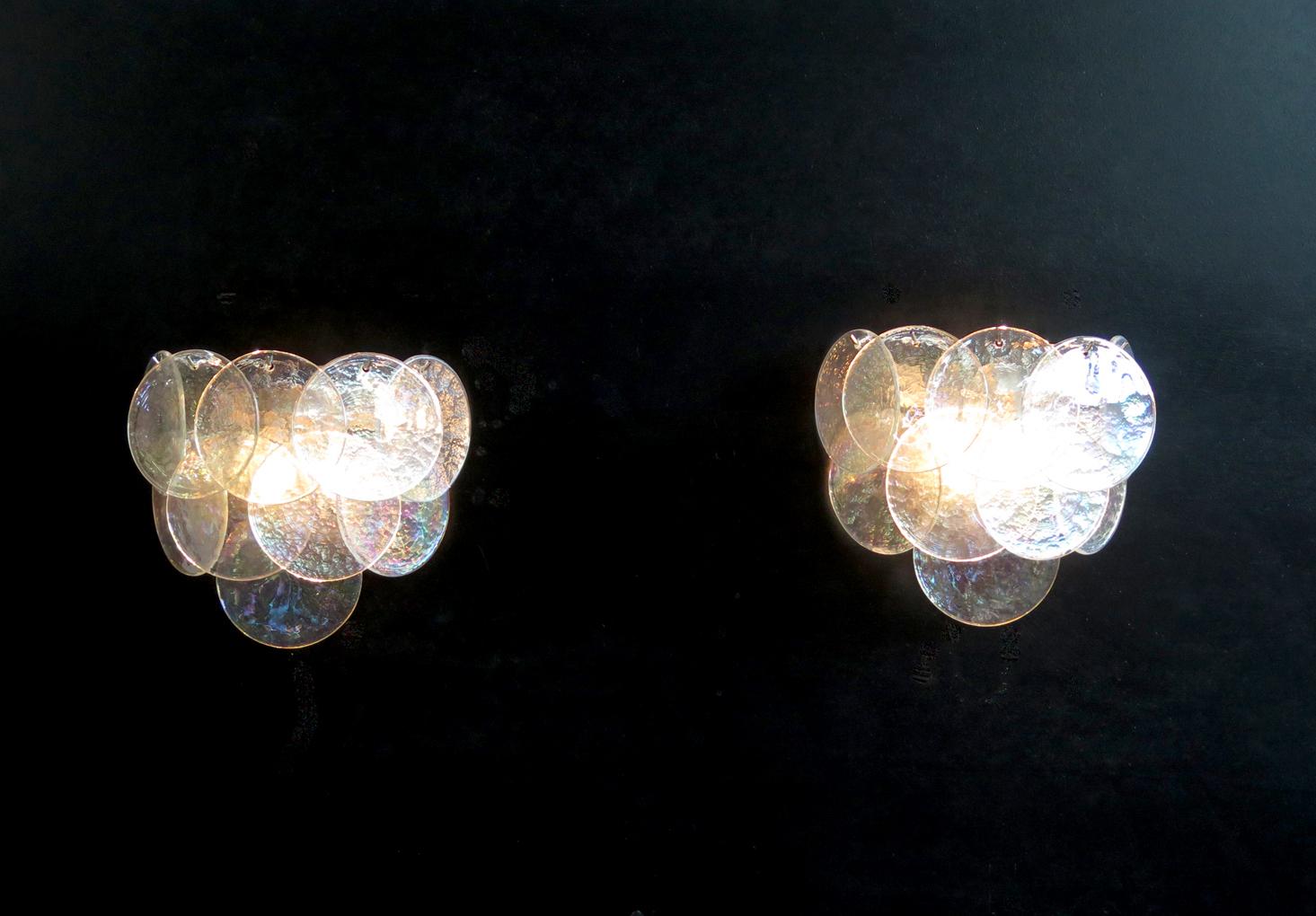 Italian 1970s Pair of Vistosi Sconces, 10 Iridescent Murano Glasses