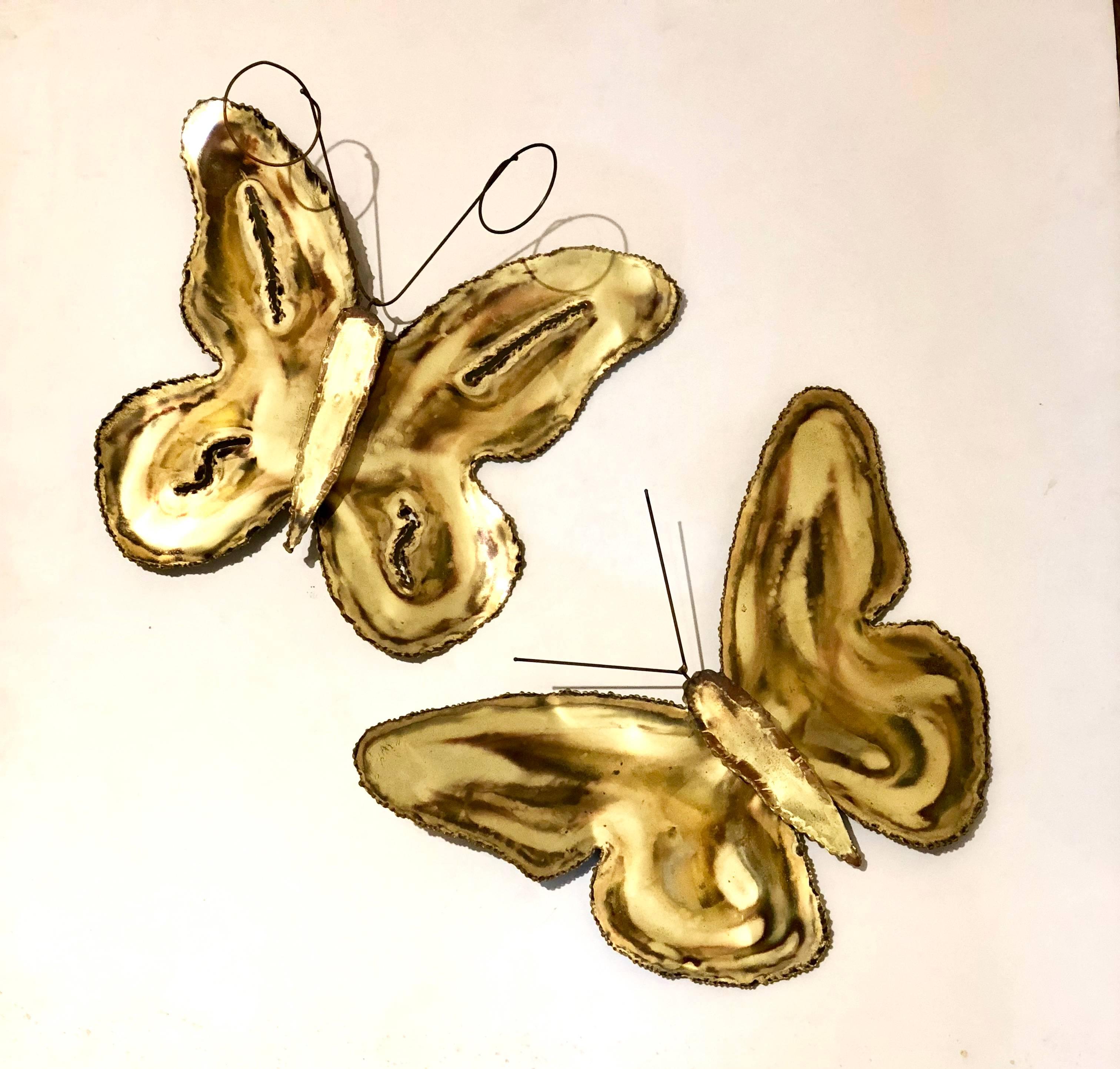 Hollywood Regency 1970s Pair of Wall Hanging Metal Butterflies in the Style of Jere