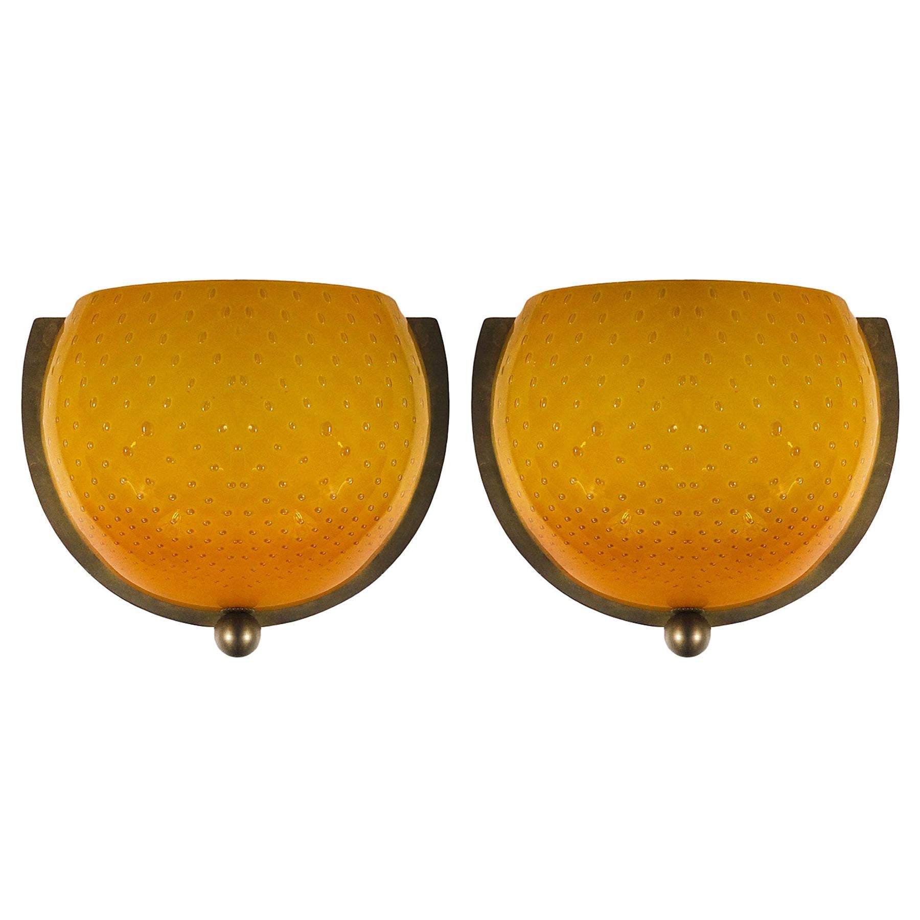 1970s Pair of Wall Lights in Brass, Yellow-Orange Bubble Molten Glass - Italy