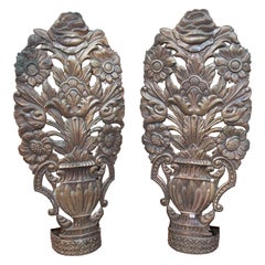 1970s Pair of Wall Lights in Embossed Metal with Floral Motif