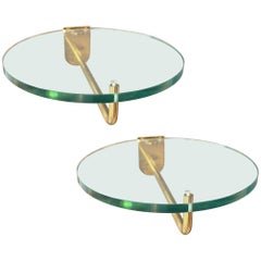 1970s Pair of Wall-Mounted Round Glass and Brass Shelves or Side Tables