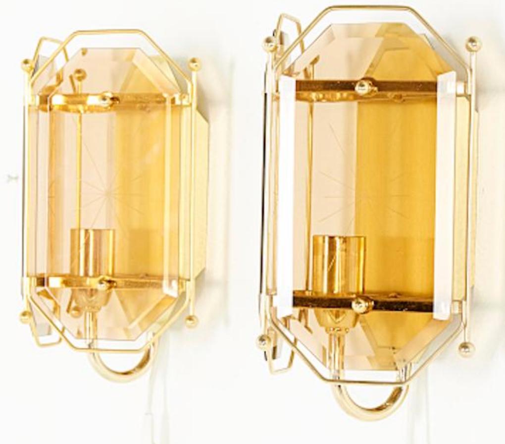 Modern 1970s Pair of Wall Sconces in Smoky Glass, Facet Cut in Brass