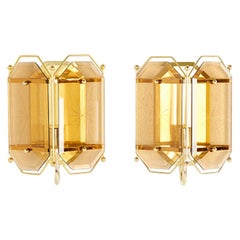 1970s Pair of Wall Sconces in Smoky Glass, Facet Cut in Brass