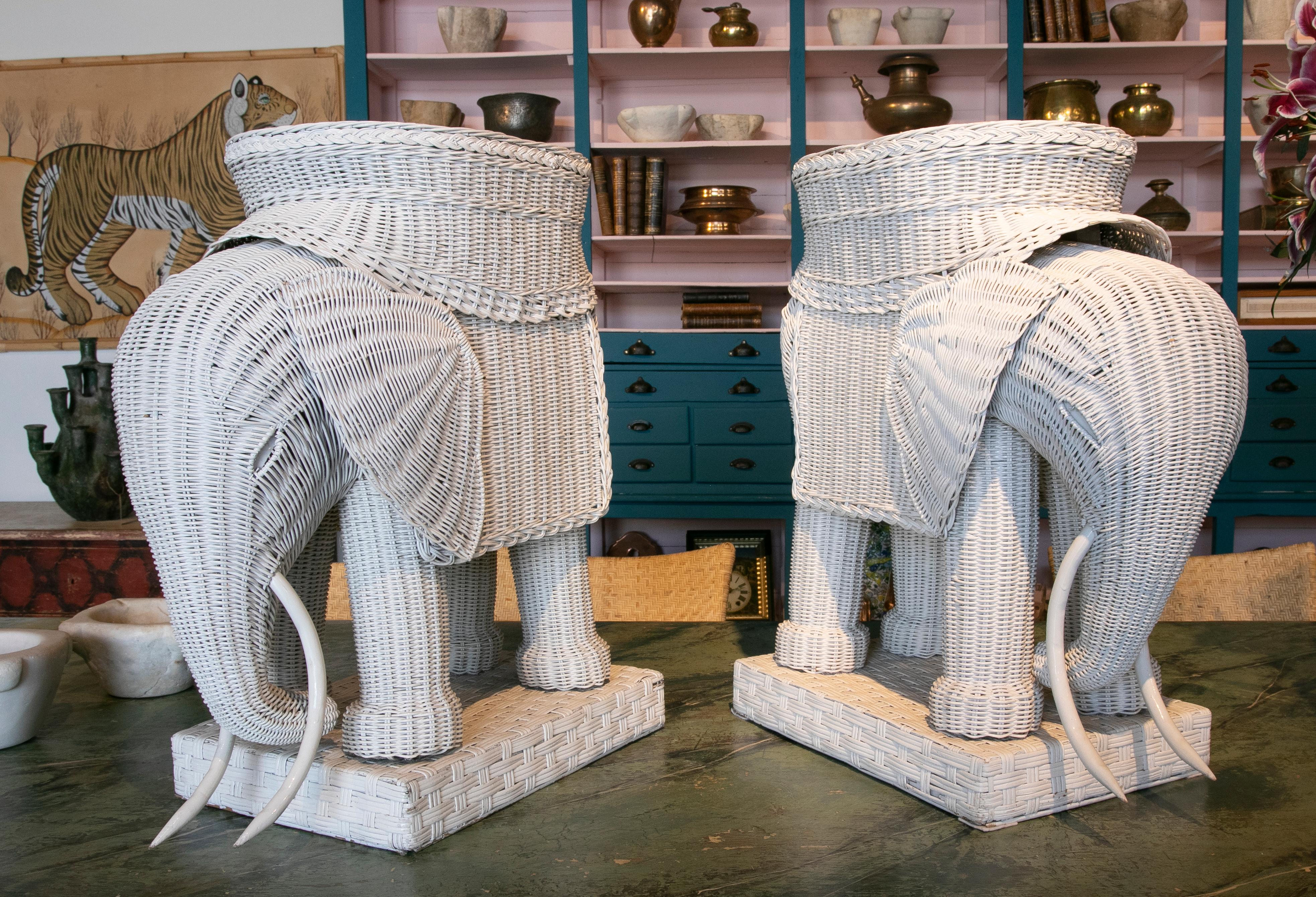 Spanish 1970s Pair of Wicker Tables in the Shape of Elephants and Painted in White