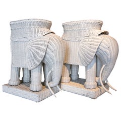 1970s Pair of Wicker Tables in the Shape of Elephants and Painted in White