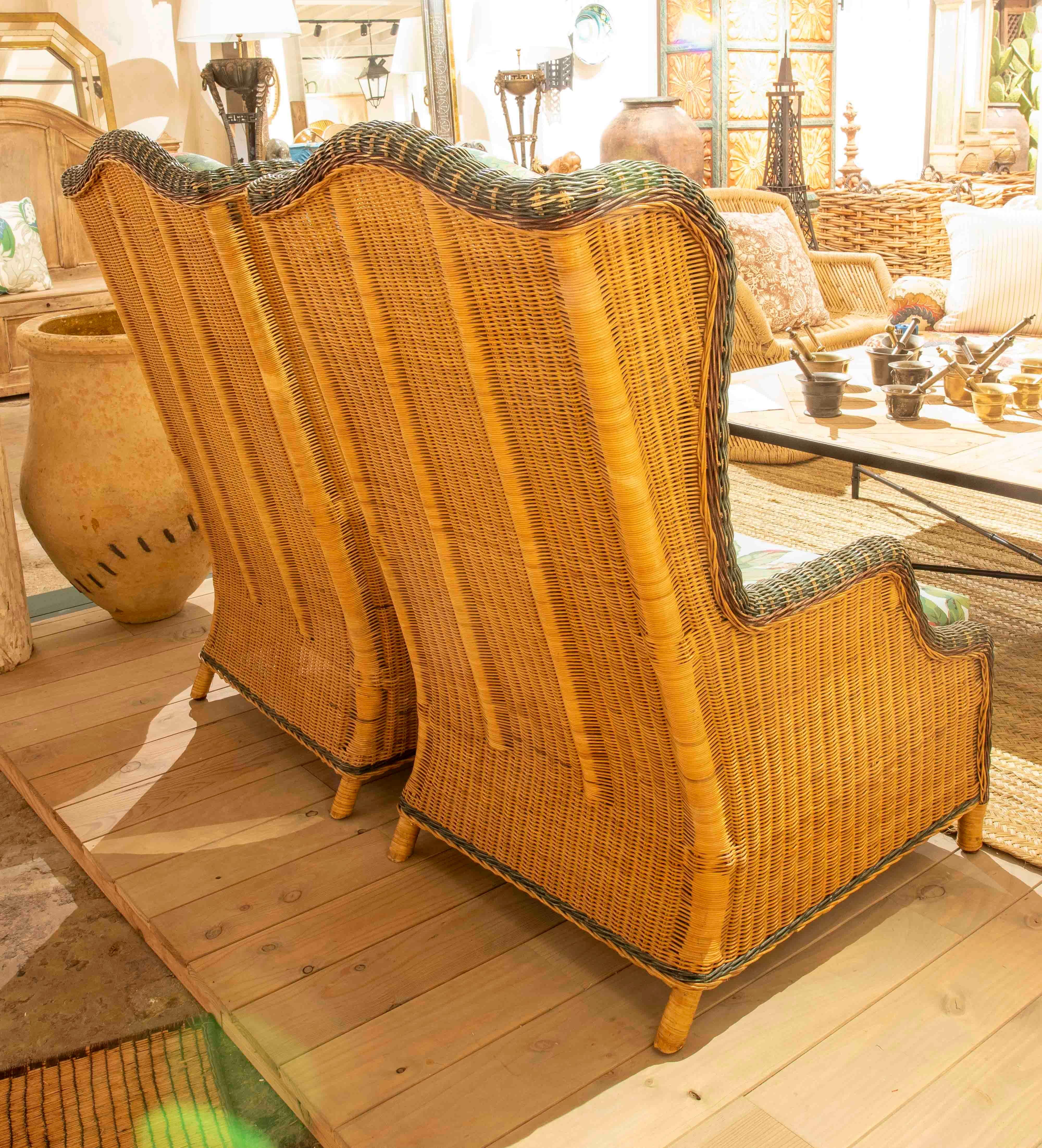 1970s Pair of Wicker Wingback Armchairs Newly Upholstered 6