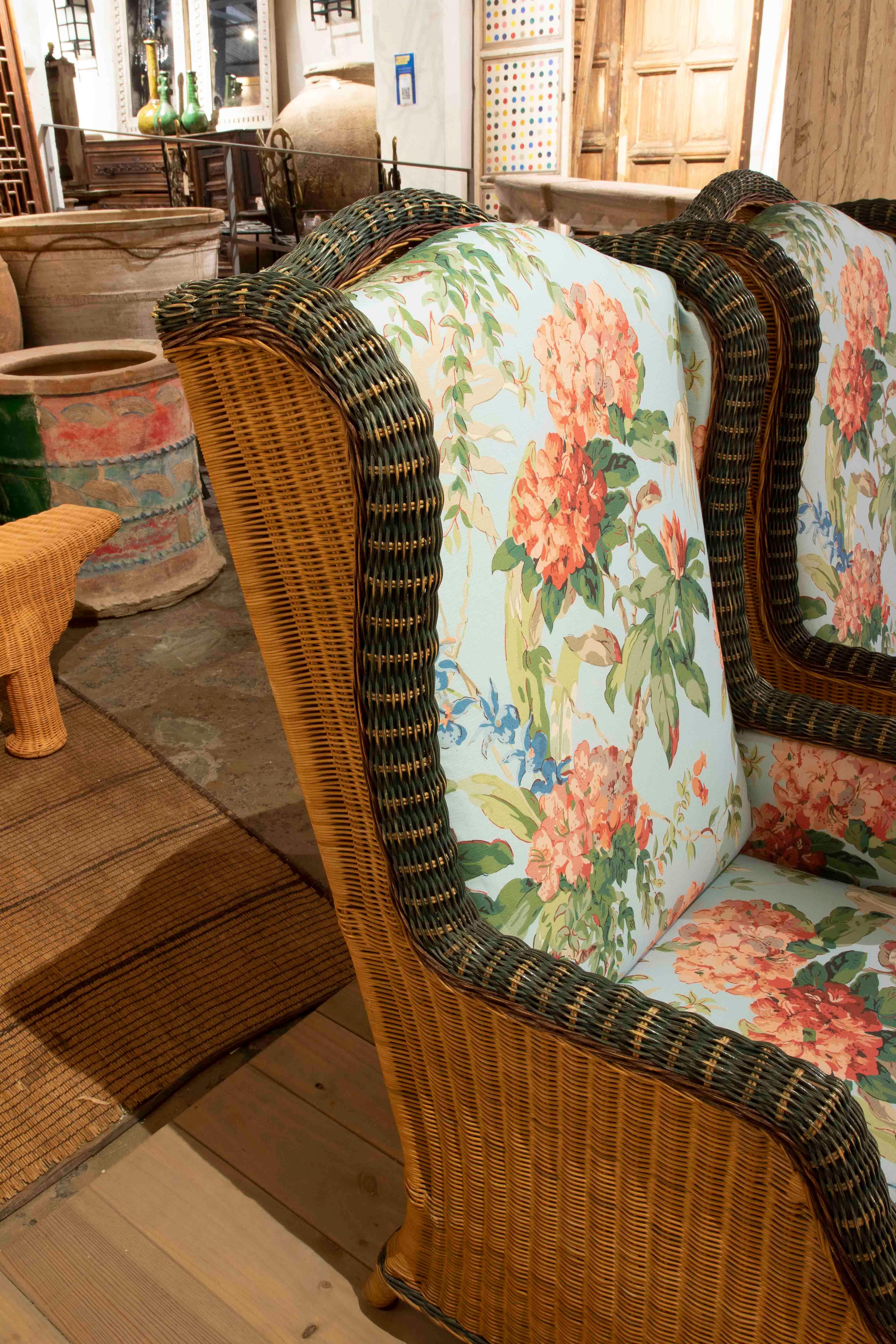 1970s Pair of Wicker Wingback Armchairs Newly Upholstered 9