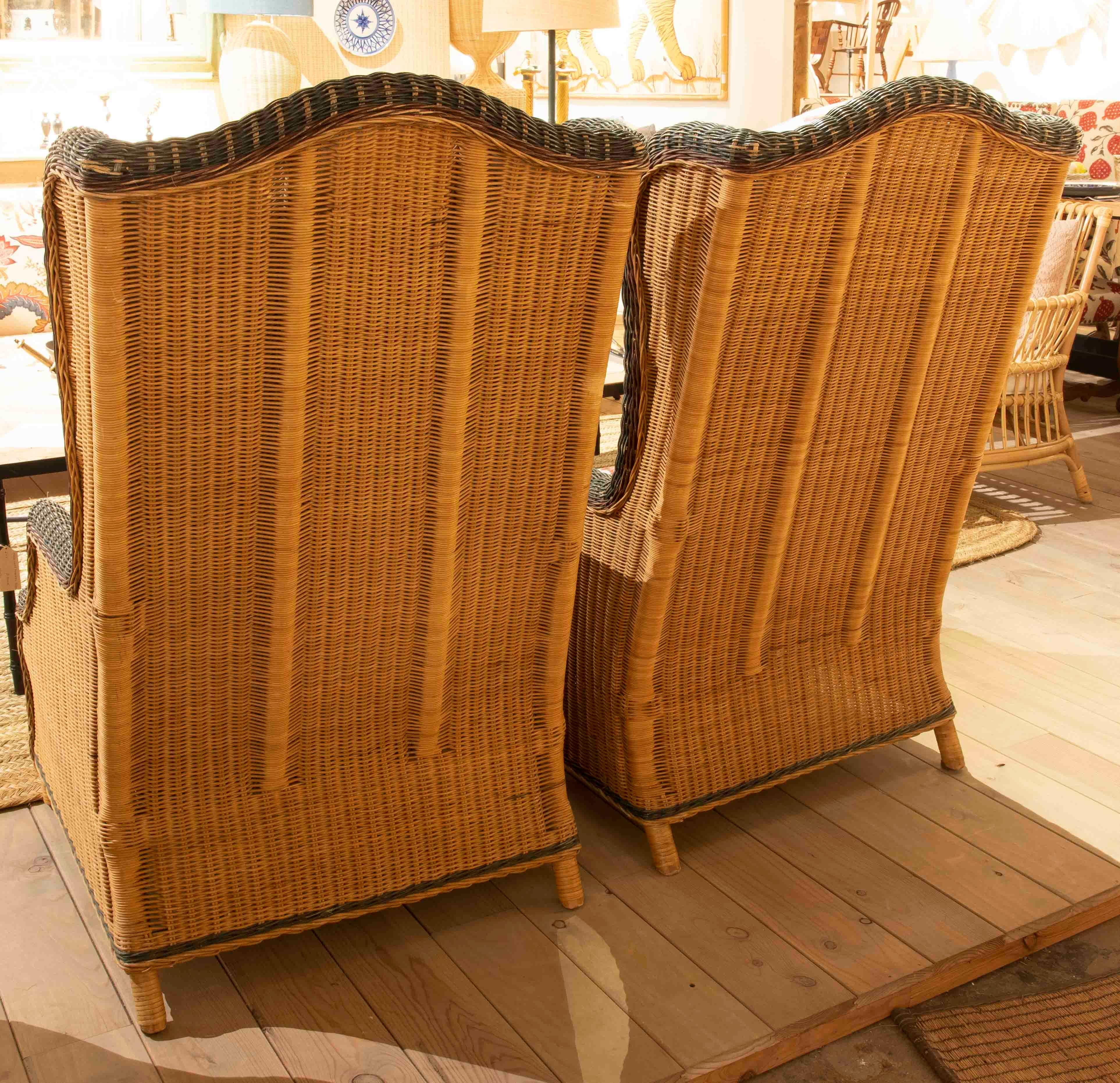 1970s Pair of Wicker Wingback Armchairs Newly Upholstered 2