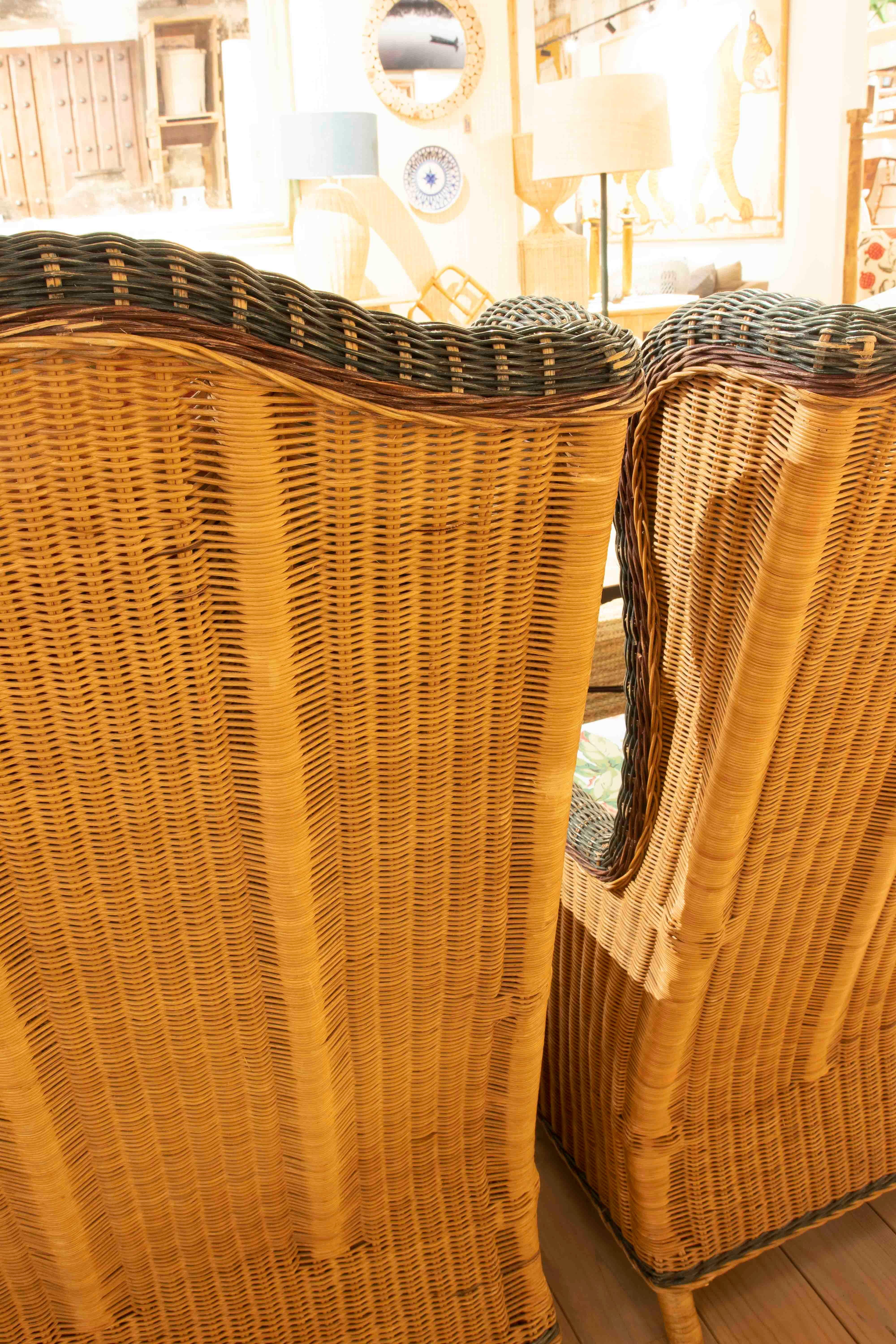 1970s Pair of Wicker Wingback Armchairs Newly Upholstered 4