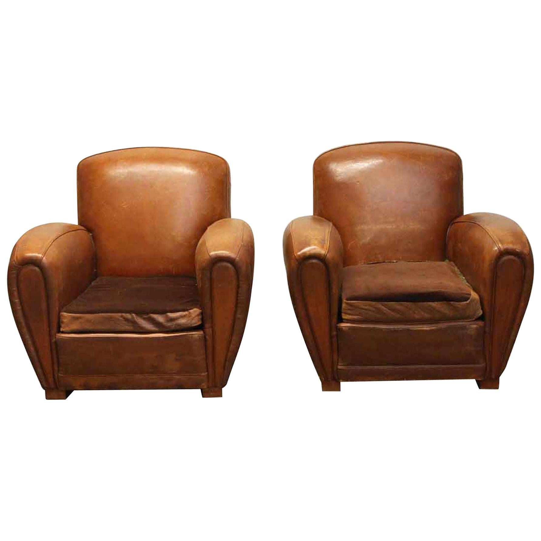 1970s Pair of Wide French Leather Club Chairs