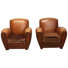 1970s Pair of Wide French Leather Club Chairs