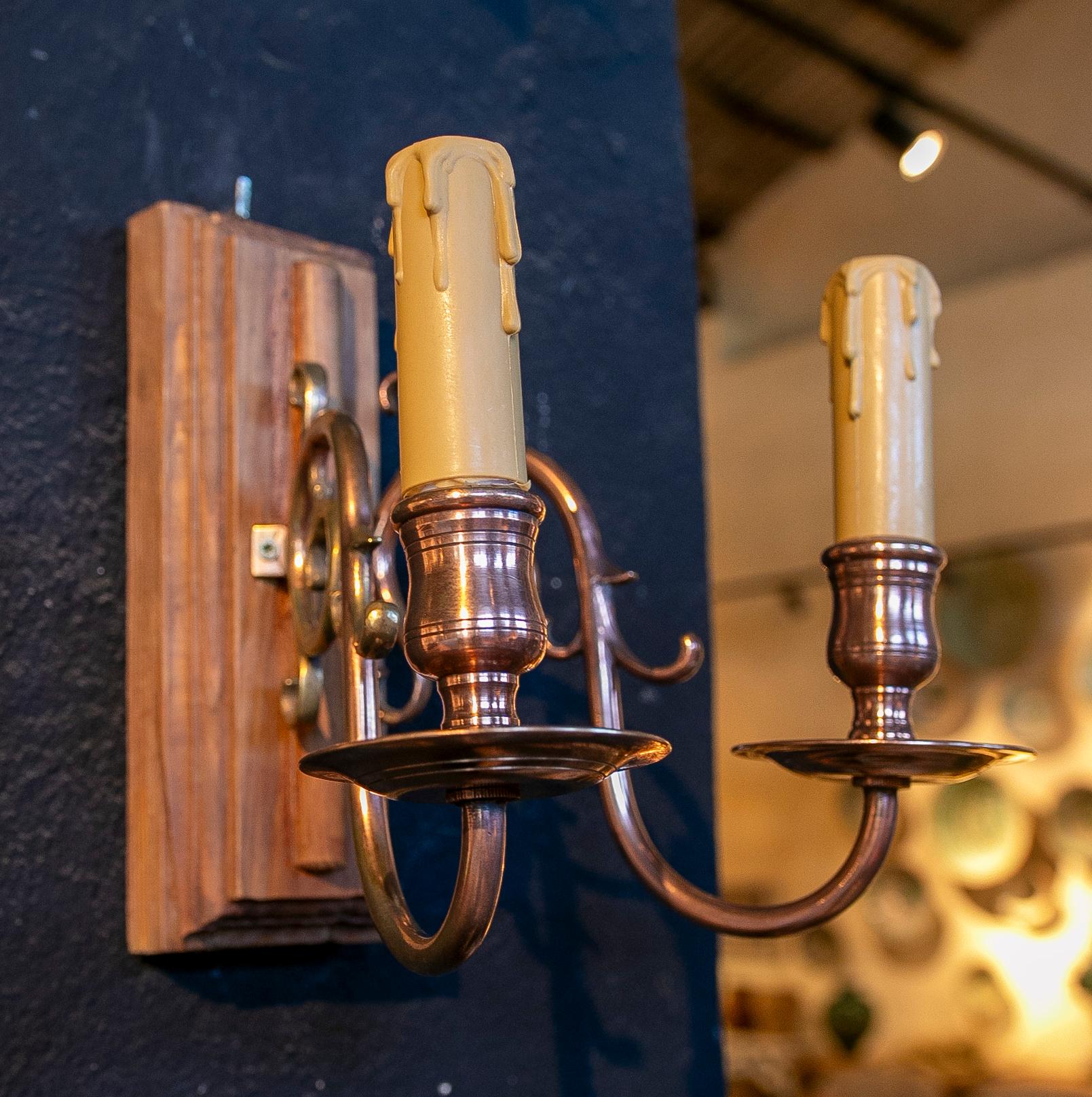 20th Century 1970s Pair of Wood and Brass Wall Sconces  For Sale
