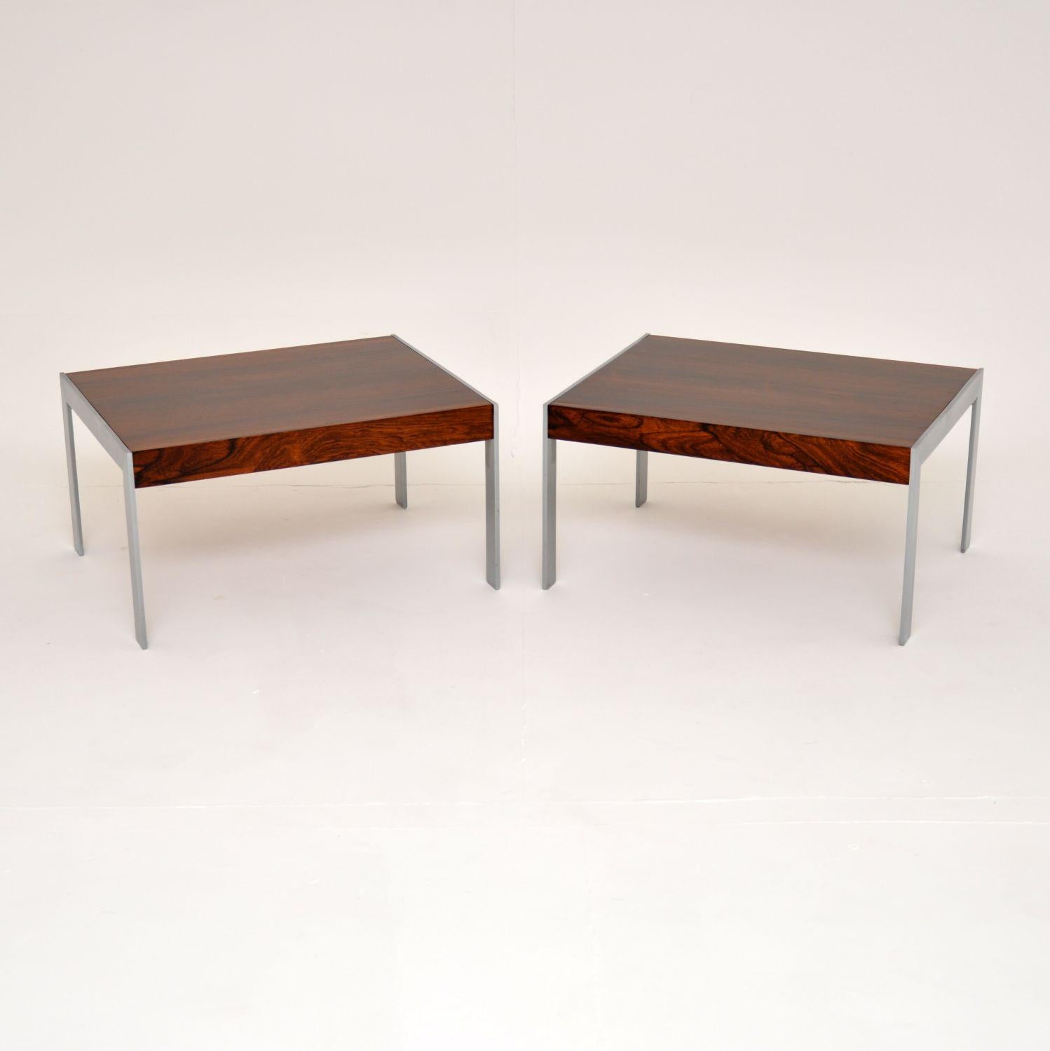 A superb pair of wood and chrome side tables by Merrow Associates. These were designed by Richard Young, they were made in England in the early 1970’s. The quality is absolutely outstanding, these are extremely well made and are a useful size. The