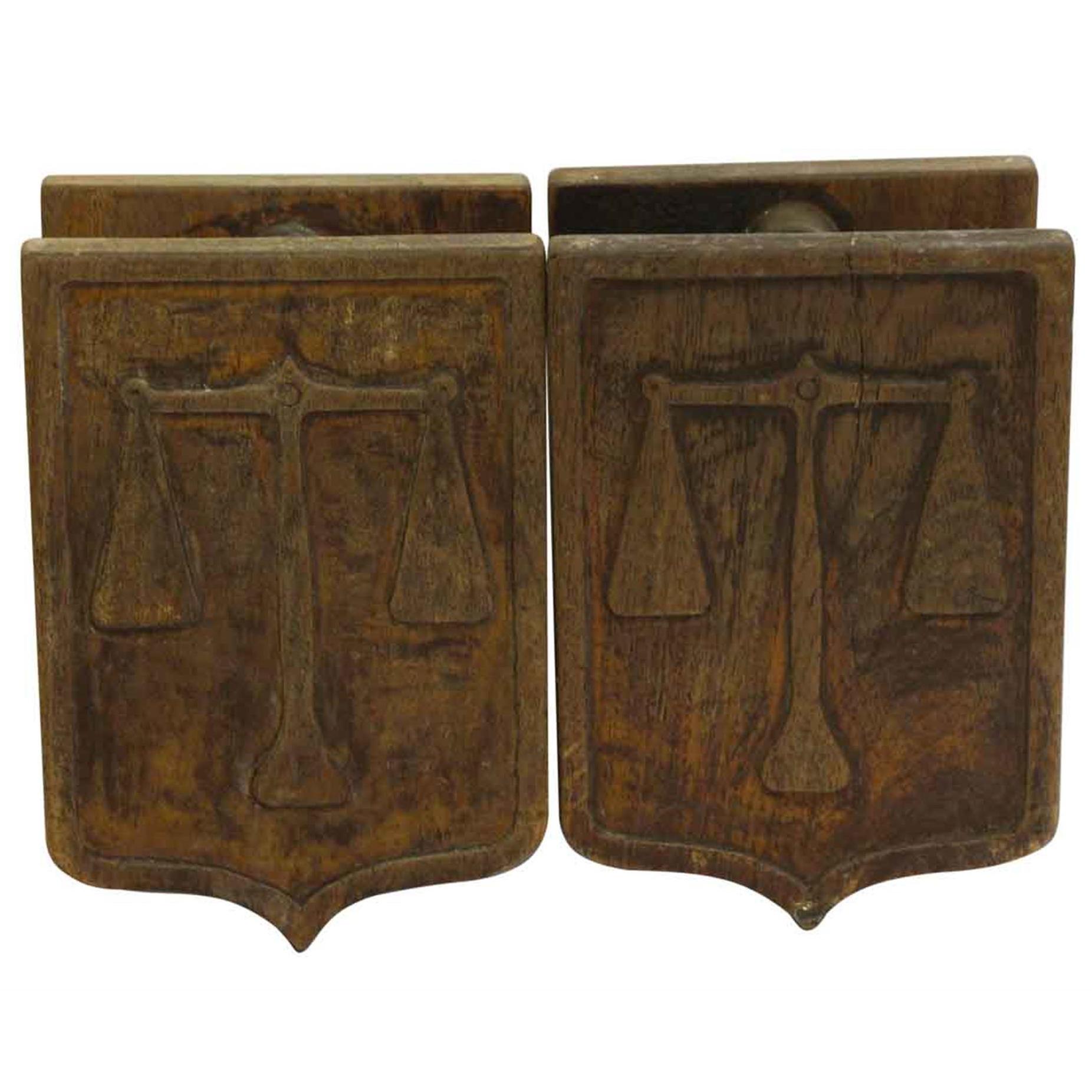 1970s Pair of Wooden Belgium Double Door Pulls Featuring the Scales of Justice