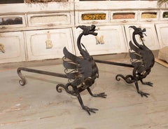 1970s Pair of Wrought Iron Dragon-shaped Fireplace Andirons