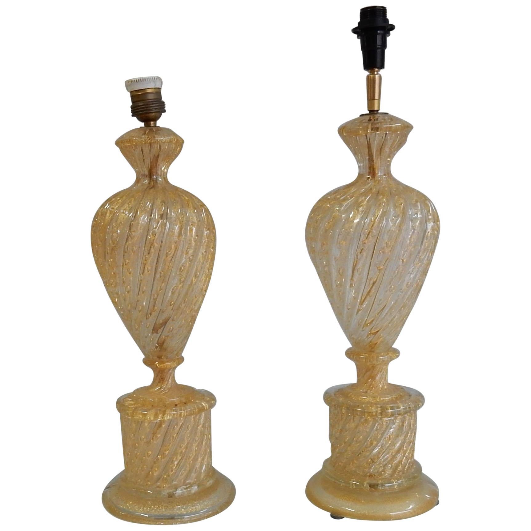 1970s Pair or Similar of Barovier y Toso Lamps with Gold Paillons Murano Crystal