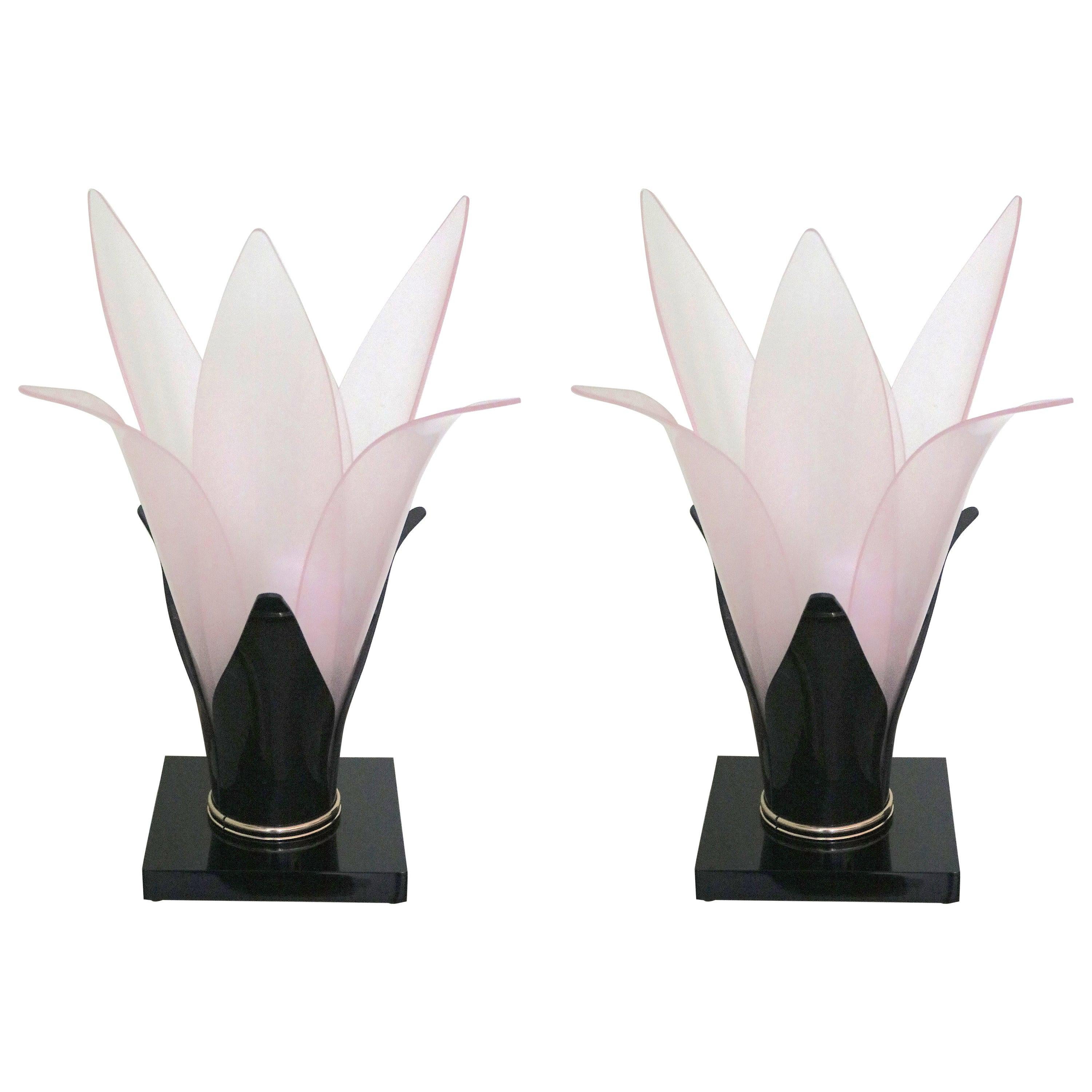 1970s Pair Rougier Tulip Table Lamps-Rare Coloration Pink and Black For Sale