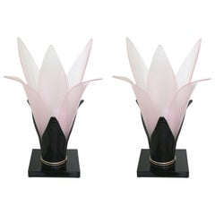 1970s Pair Rougier Tulip Table Lamps-Rare Coloration Pink and Black