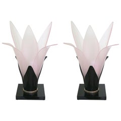 1970s Pair of Rougier Tulip Table Lamps-Rare Coloration Pink and Black