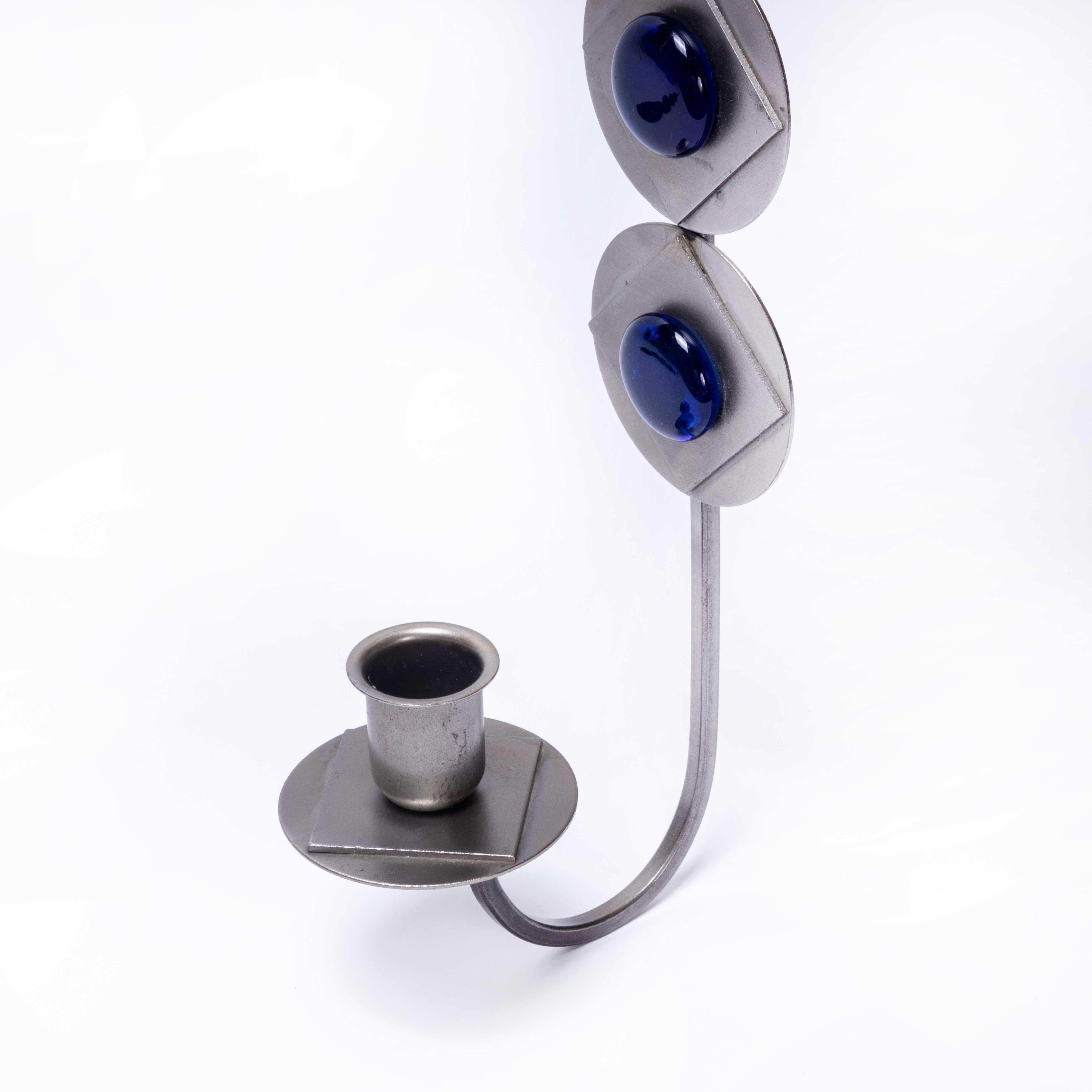 Art Glass 1970's Pair Scandinavian Wall Sconces Metal and Blue Glass For Sale