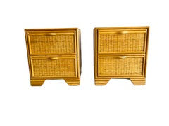 1970s Pair Spanish Lace Wicker & Bamboo Two Drawer Nightstands