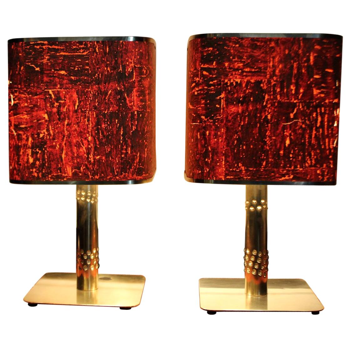 1970s Pair Table Lamps Brass Red Orange Cork Coated For Sale
