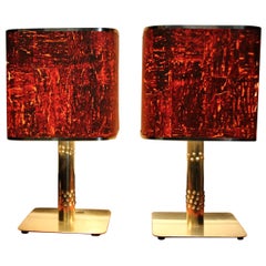 1970s Pair Table Lamps Brass Red Orange Cork Coated