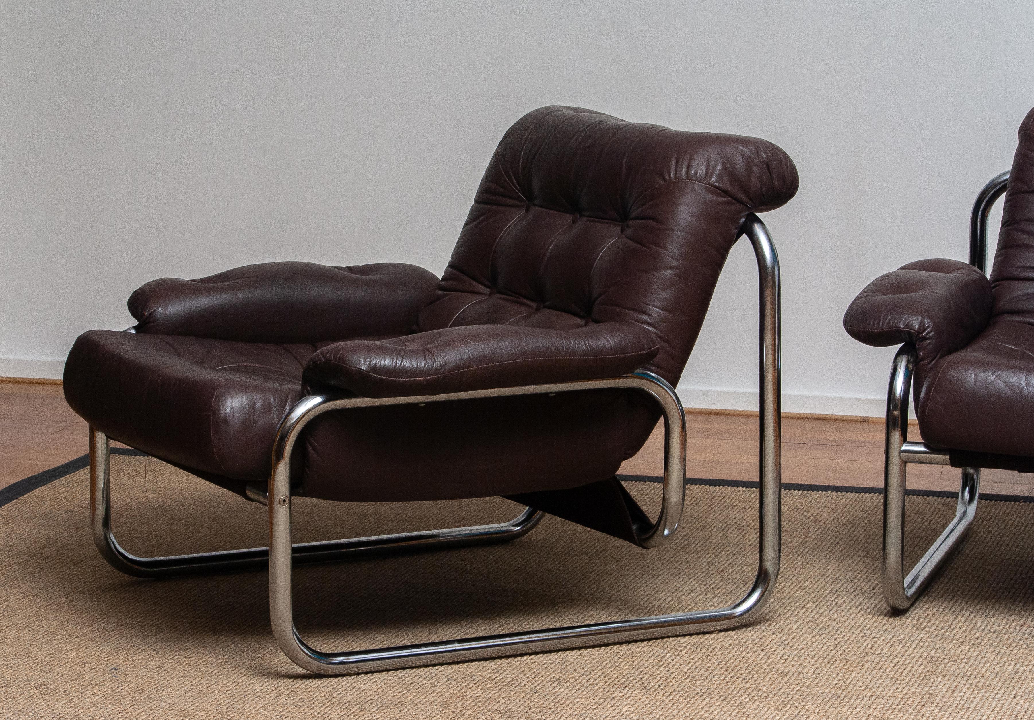 1970s, Pair Tubular Chrome Brown Leather Lounge Chairs by Johan Bertil Häggström 3