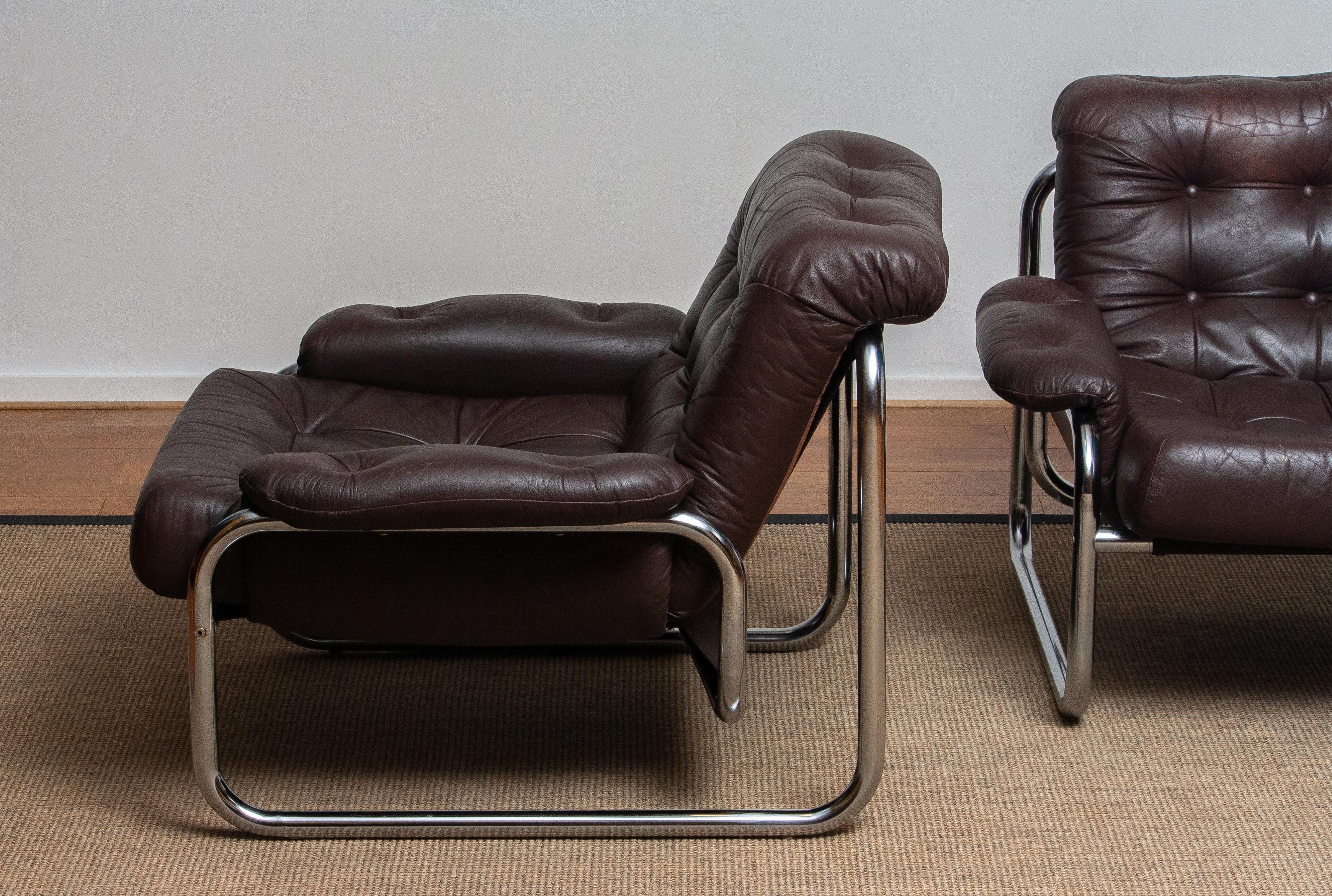 1970s, Pair Tubular Chrome Brown Leather Lounge Chairs by Johan Bertil Häggström 4