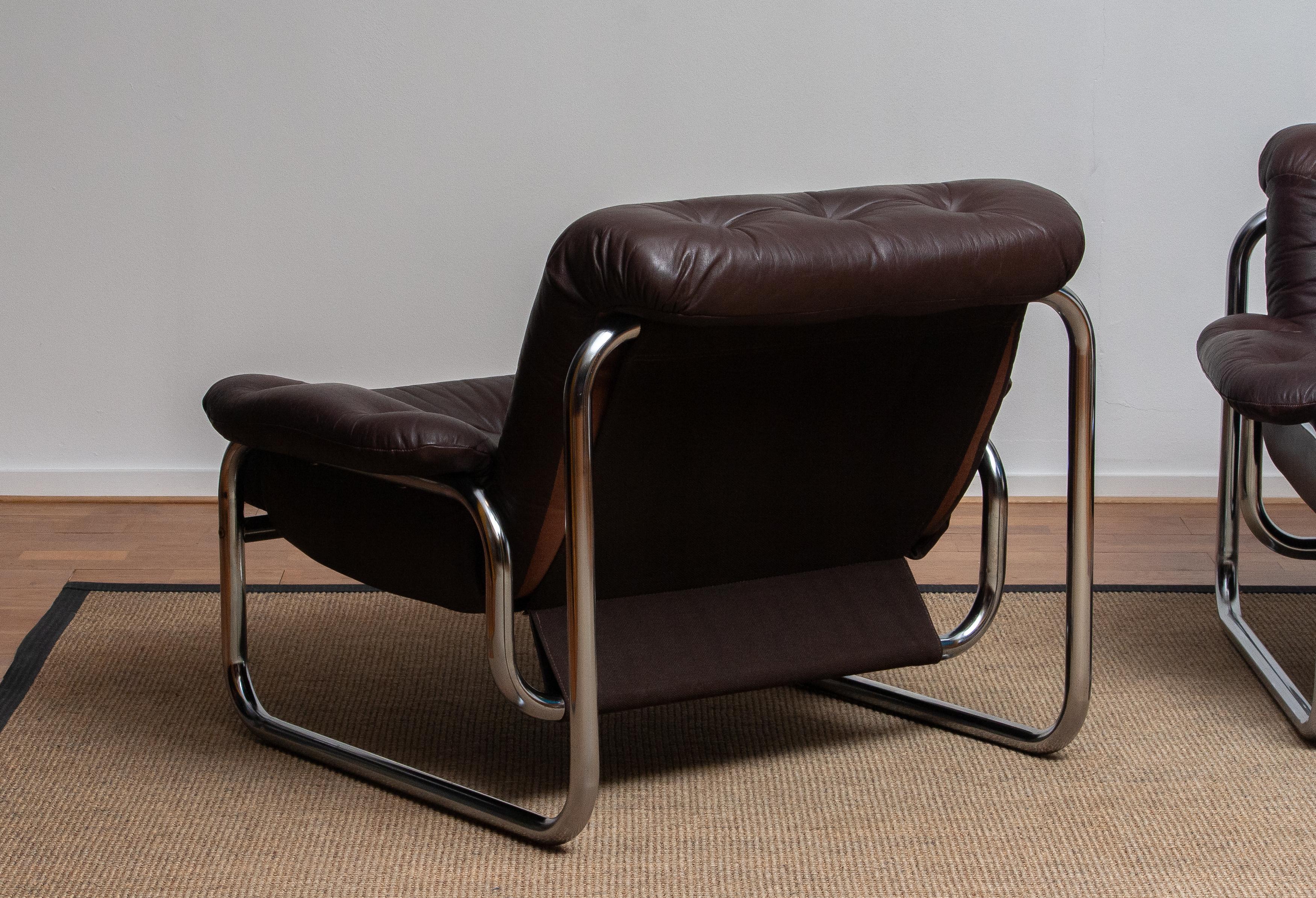 1970s, Pair Tubular Chrome Brown Leather Lounge Chairs by Johan Bertil Häggström 5