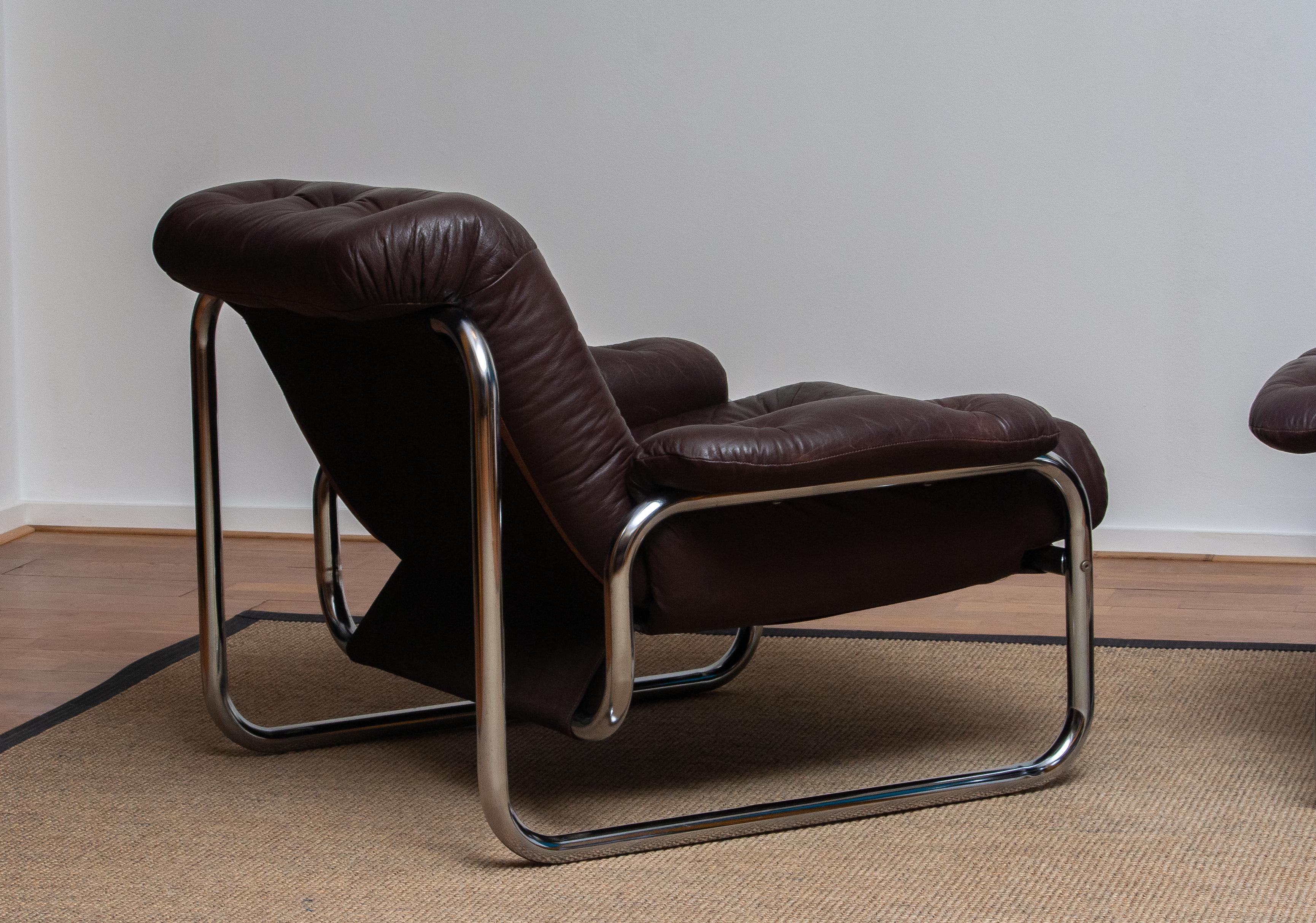 1970s, Pair Tubular Chrome Brown Leather Lounge Chairs by Johan Bertil Häggström 6