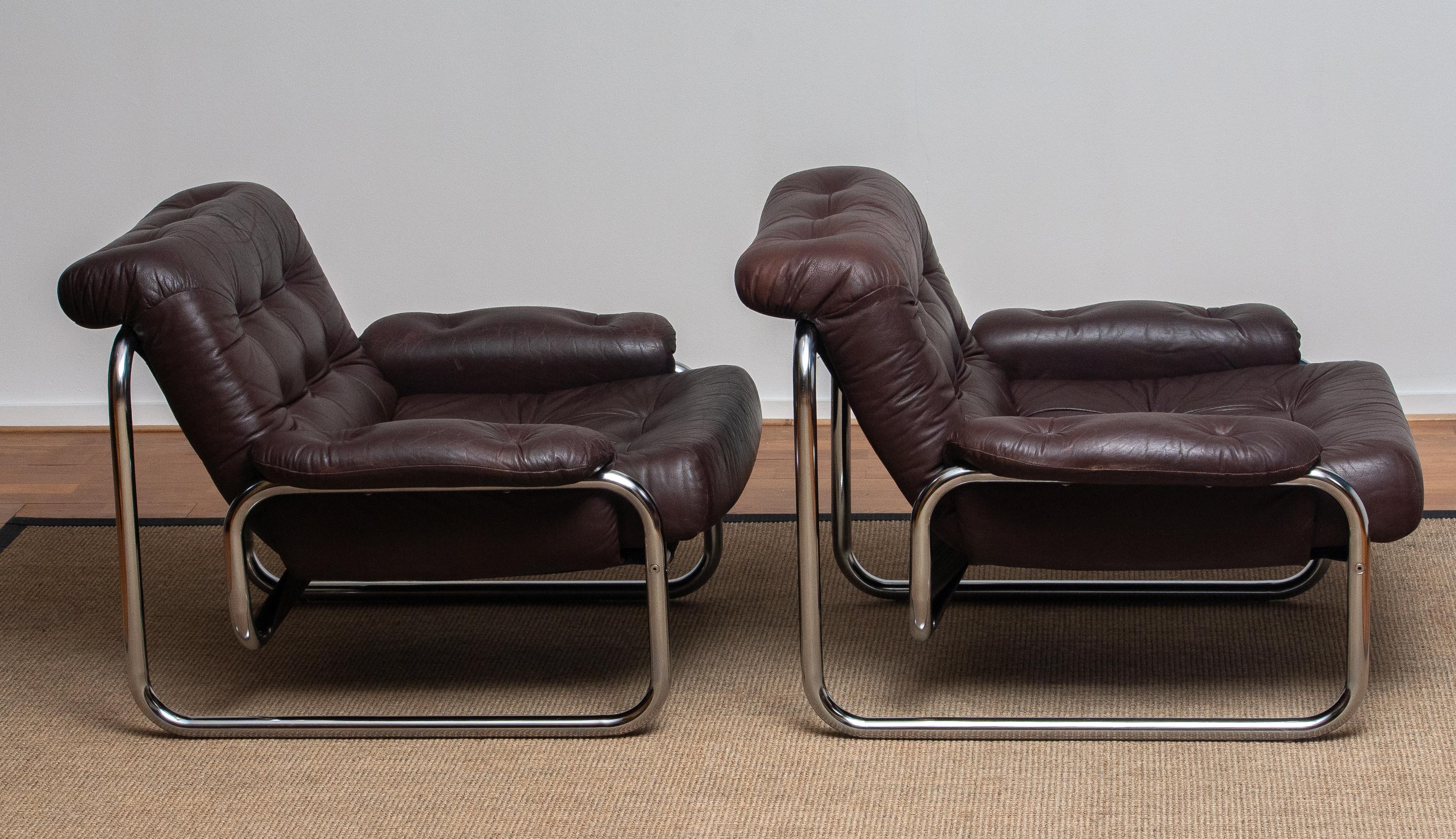 1970s, Pair Tubular Chrome Brown Leather Lounge Chairs by Johan Bertil Häggström 7