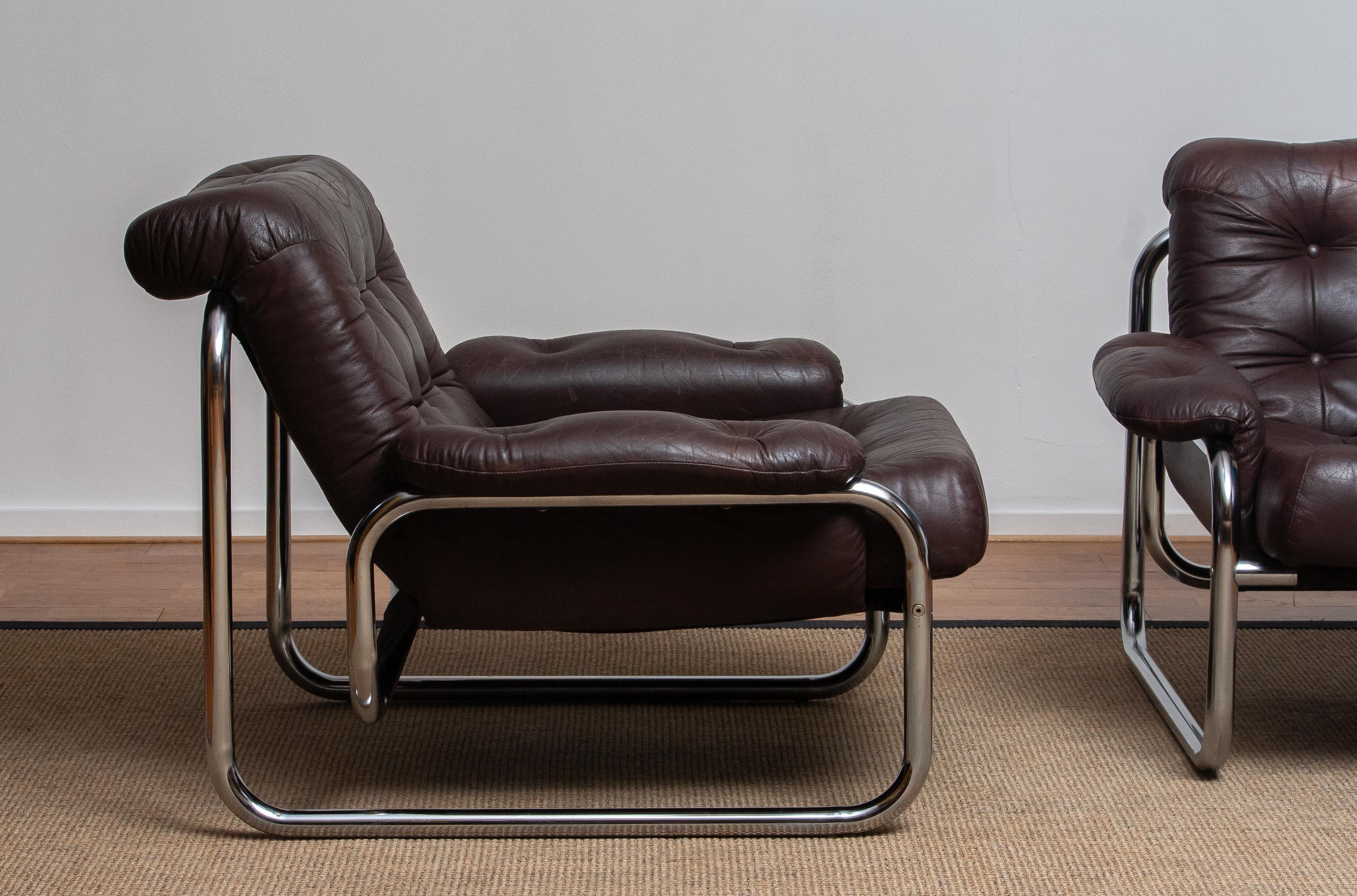 1970s, Pair Tubular Chrome Brown Leather Lounge Chairs by Johan Bertil Häggström 8