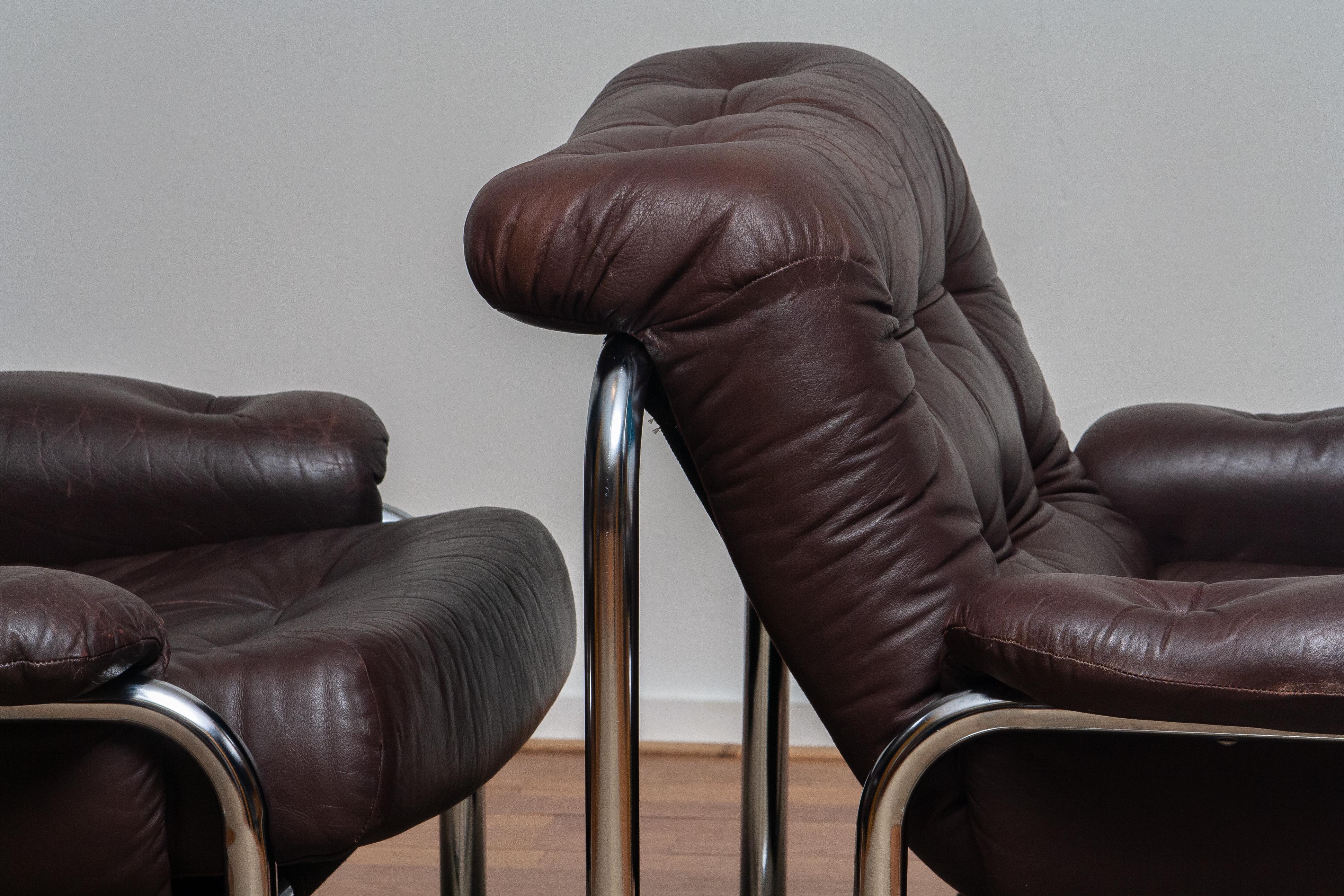 1970s, Pair Tubular Chrome Brown Leather Lounge Chairs by Johan Bertil Häggström 9