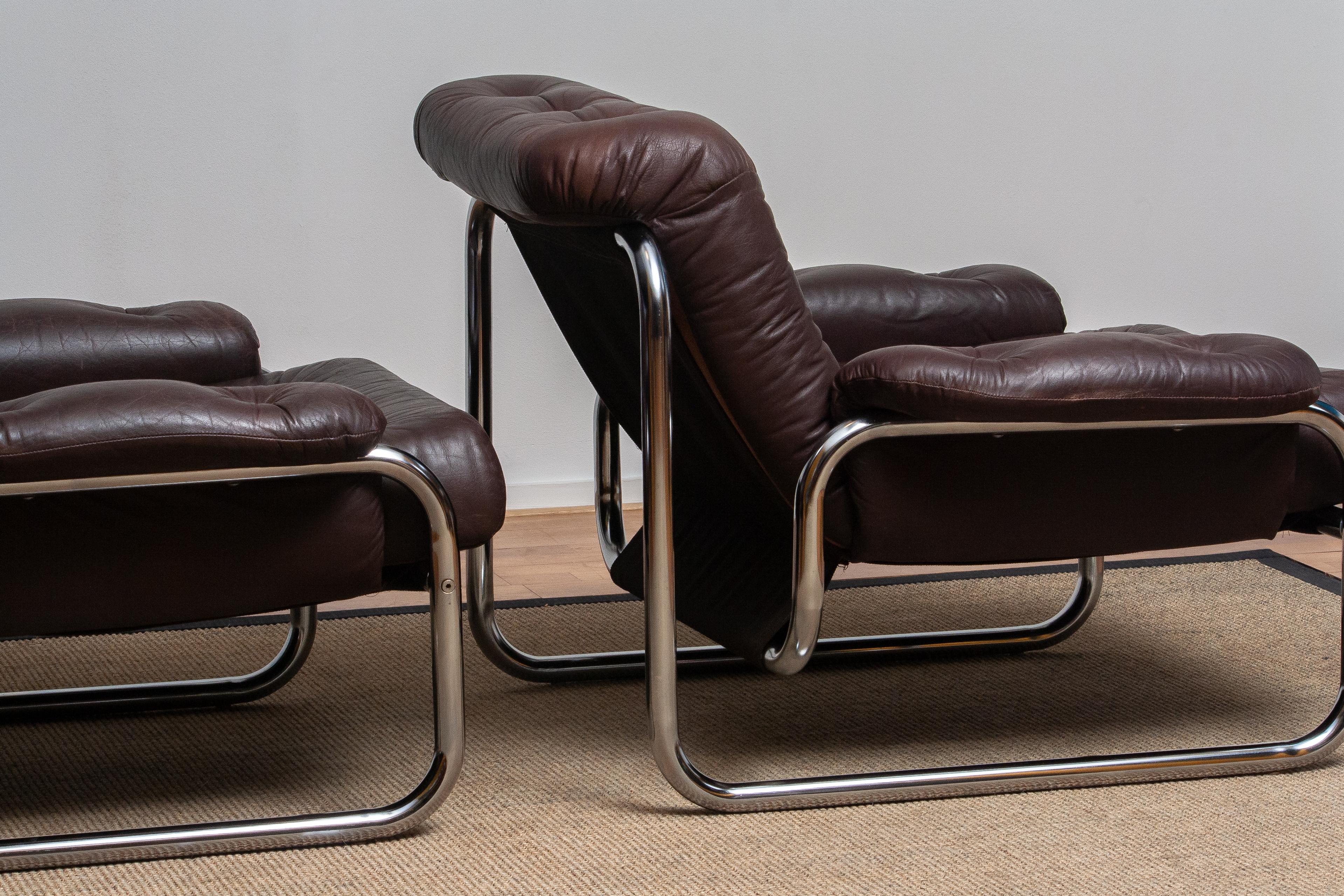 1970s, Pair Tubular Chrome Brown Leather Lounge Chairs by Johan Bertil Häggström 10