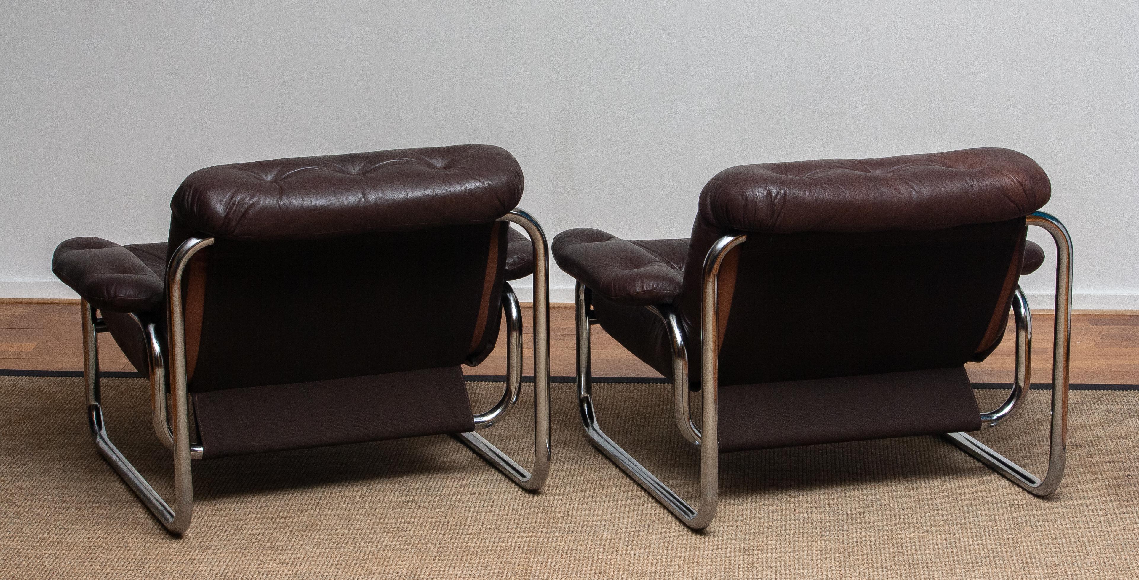 1970s, Pair Tubular Chrome Brown Leather Lounge Chairs by Johan Bertil Häggström 11