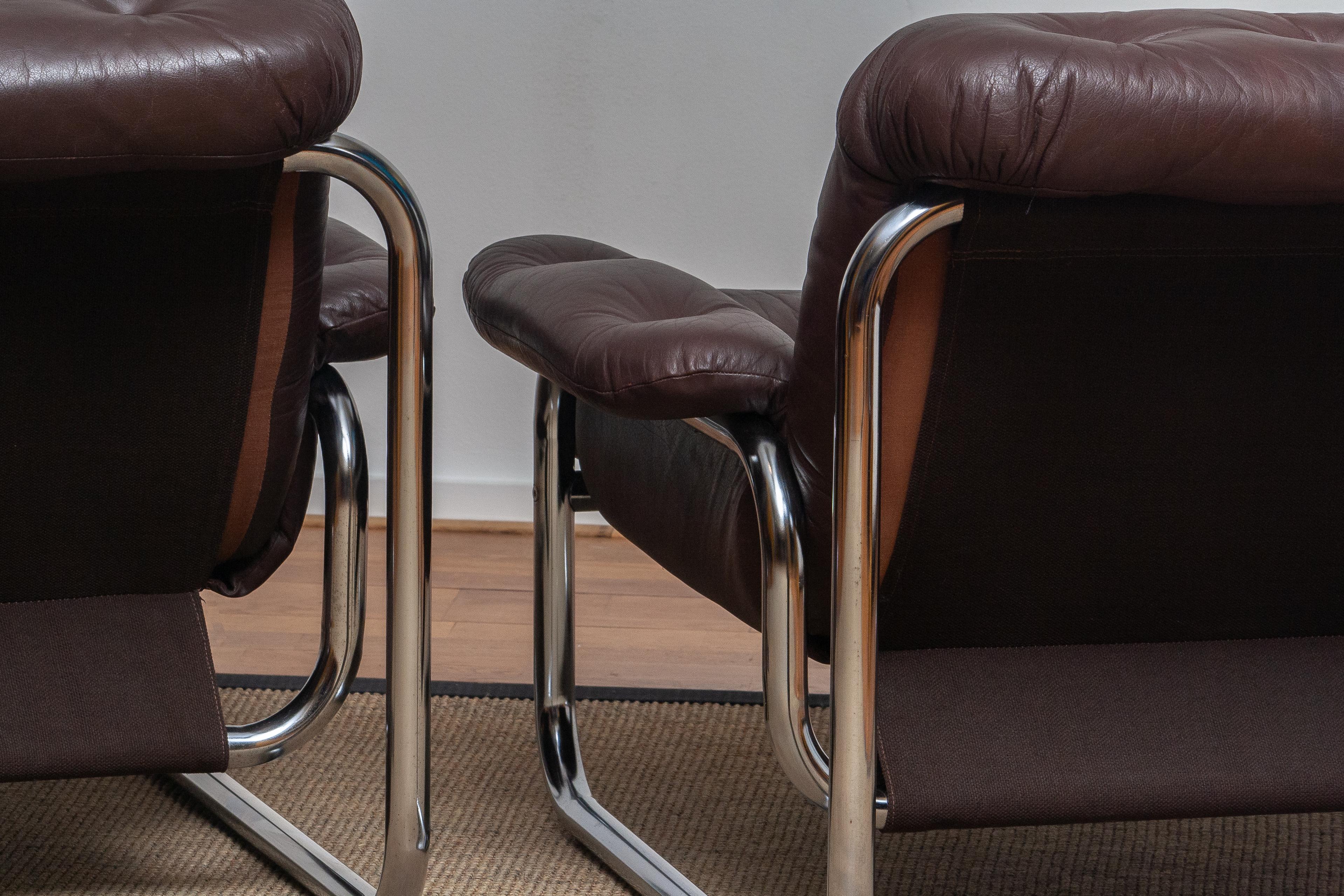 1970s, Pair Tubular Chrome Brown Leather Lounge Chairs by Johan Bertil Häggström 12