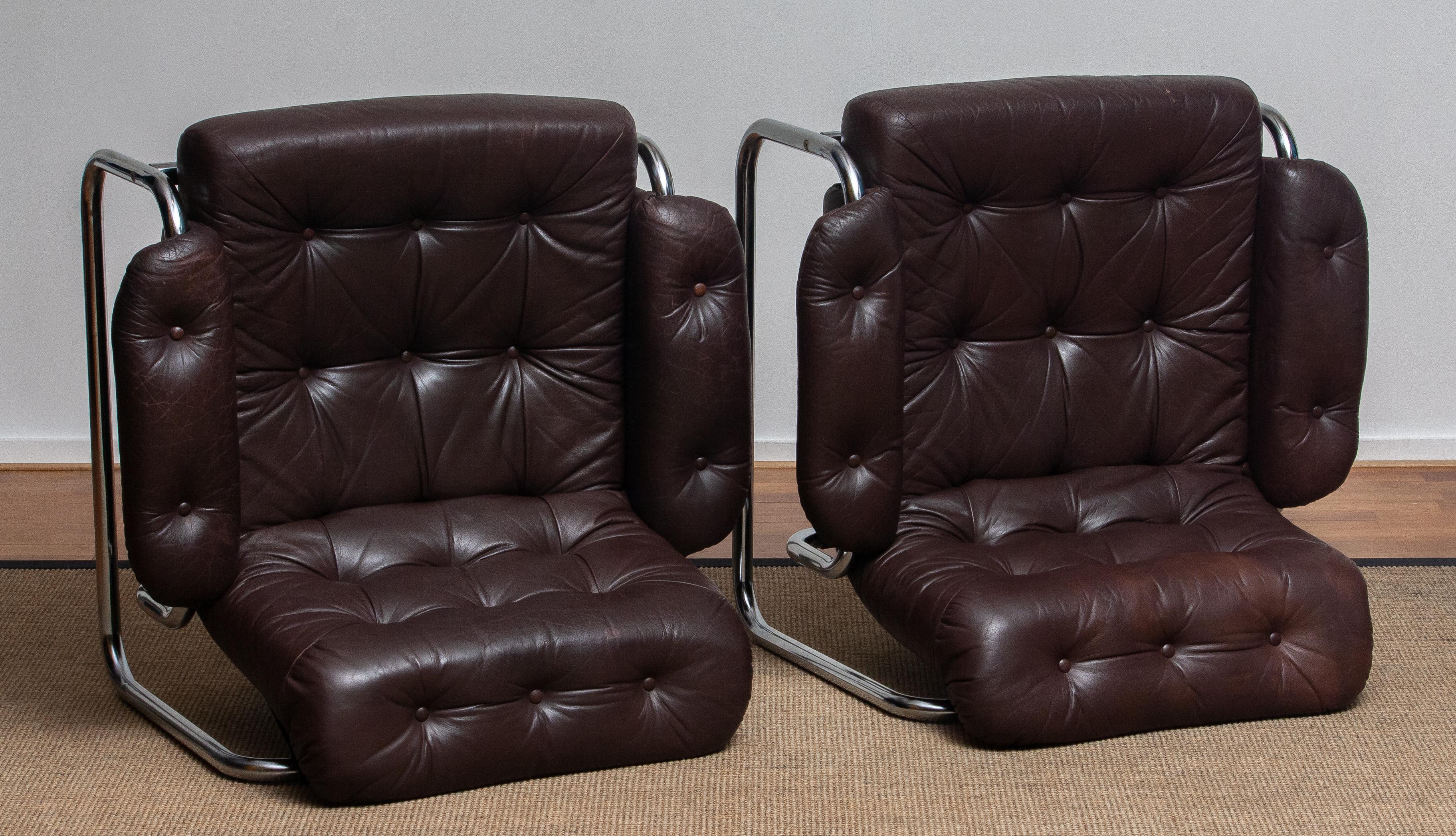 1970s, Pair Tubular Chrome Brown Leather Lounge Chairs by Johan Bertil Häggström 13