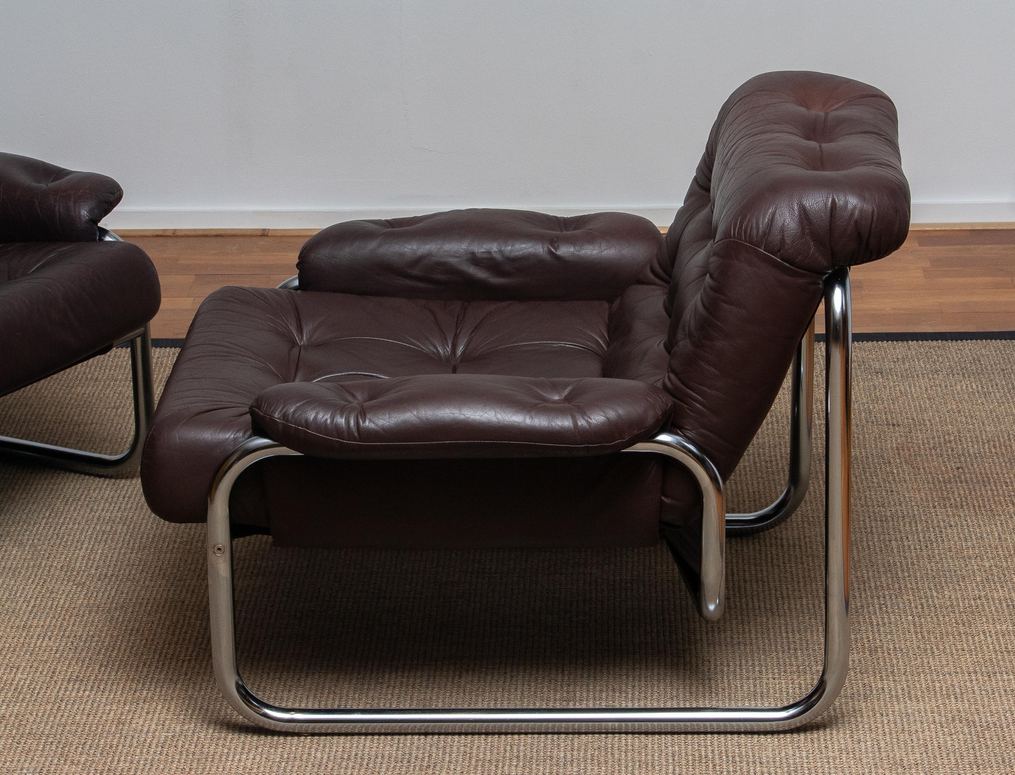 Mid-Century Modern 1970s, Pair Tubular Chrome Brown Leather Lounge Chairs by Johan Bertil Häggström