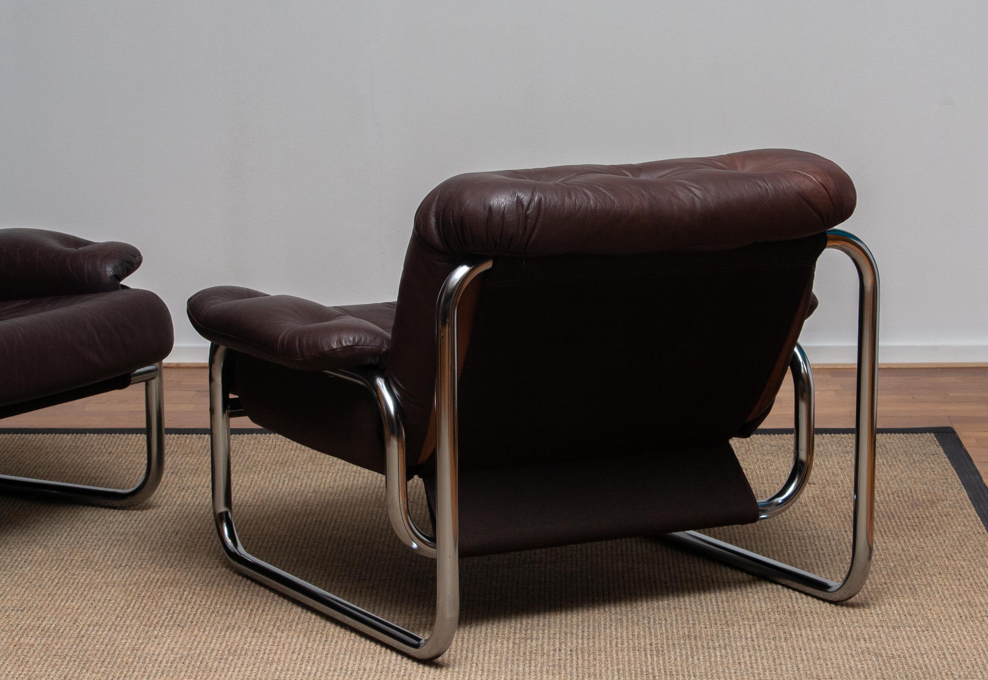 Swedish 1970s, Pair Tubular Chrome Brown Leather Lounge Chairs by Johan Bertil Häggström