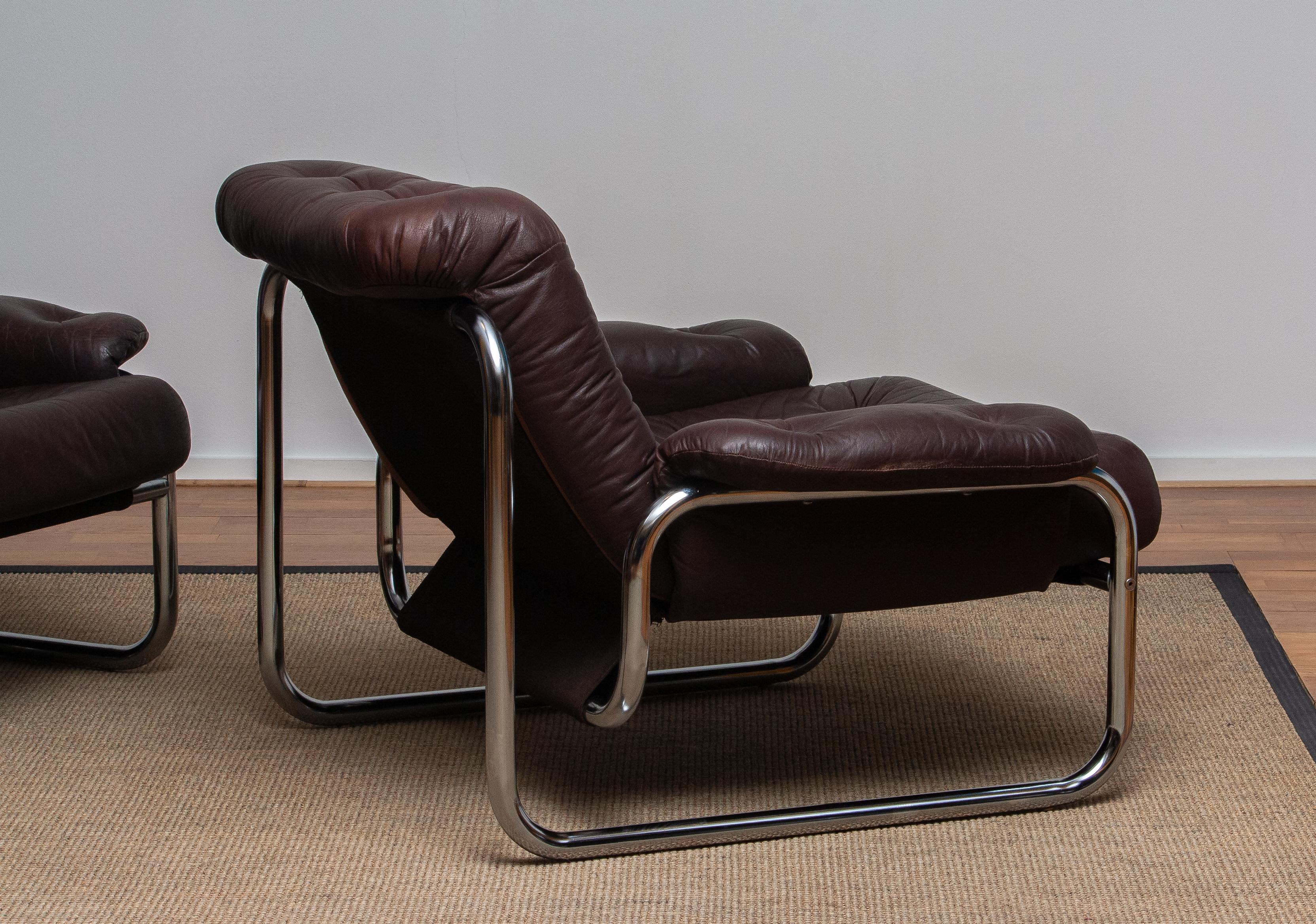 1970s, Pair Tubular Chrome Brown Leather Lounge Chairs by Johan Bertil Häggström In Good Condition In Silvolde, Gelderland