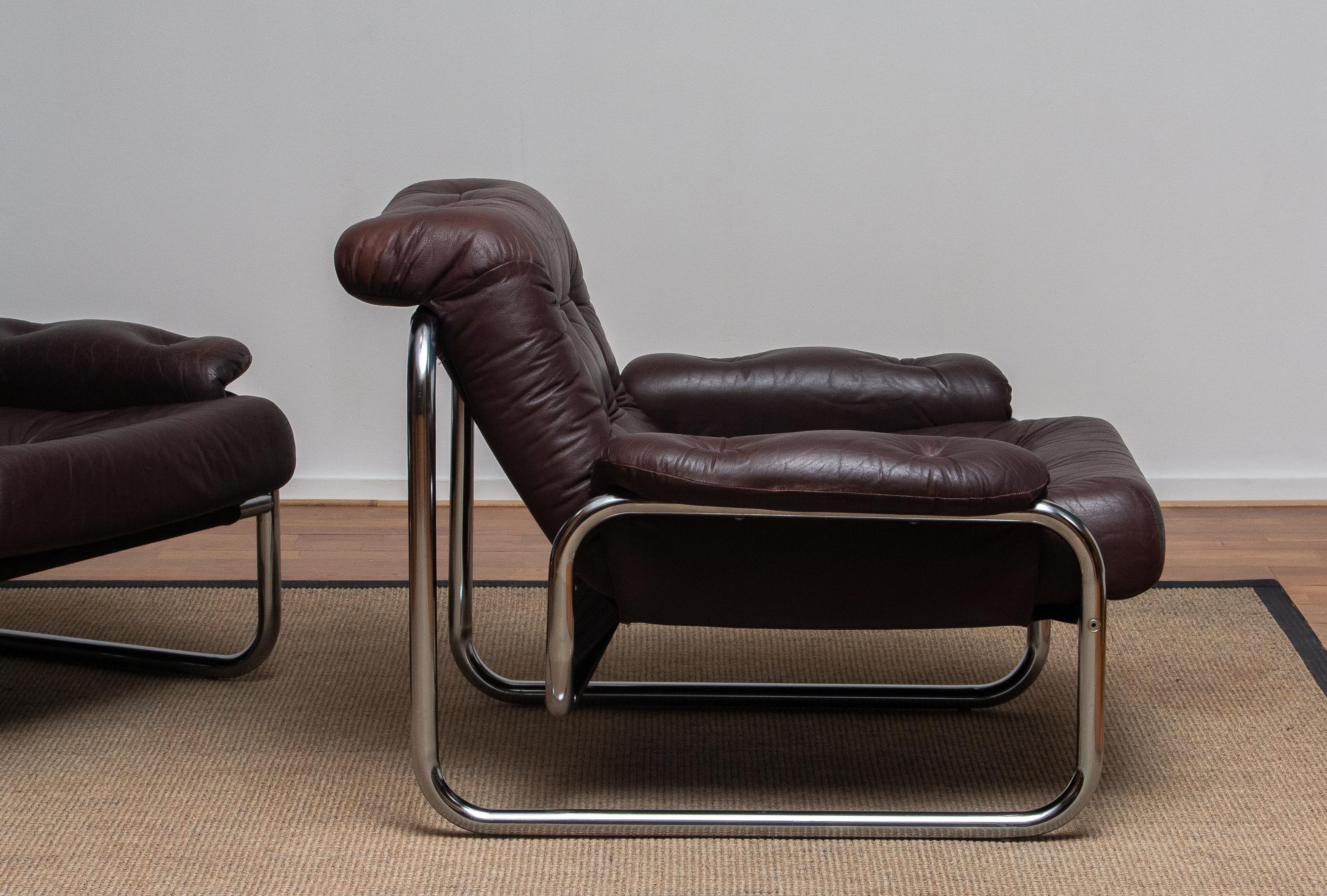 Late 20th Century 1970s, Pair Tubular Chrome Brown Leather Lounge Chairs by Johan Bertil Häggström